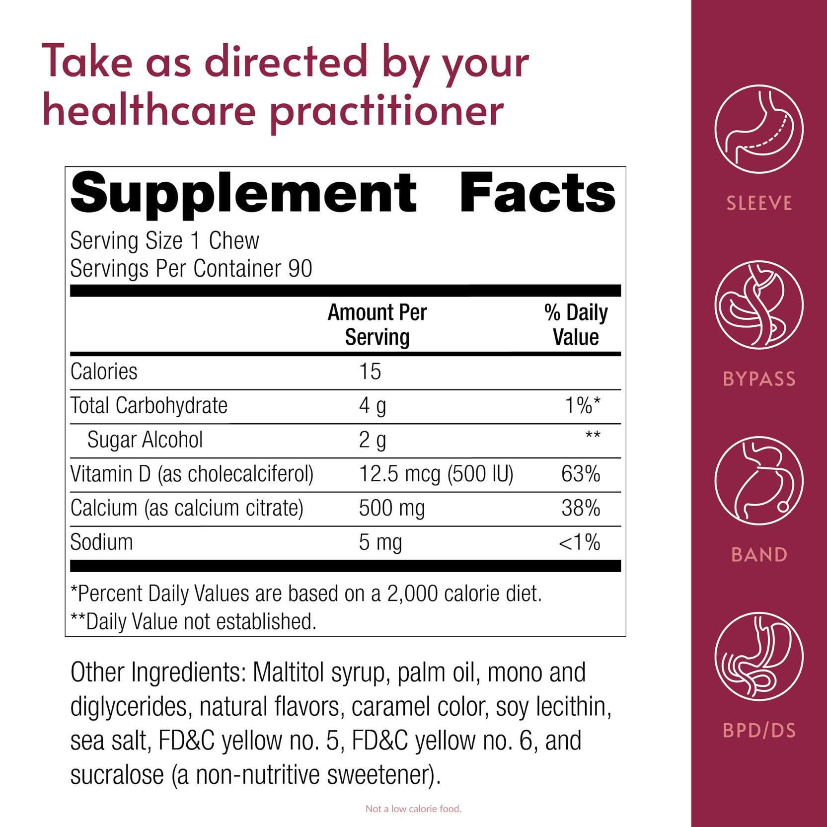 Bariatric Advantage Calcium Citrate Chewy Bites sabor caramelo, masticables agradables para tomar.