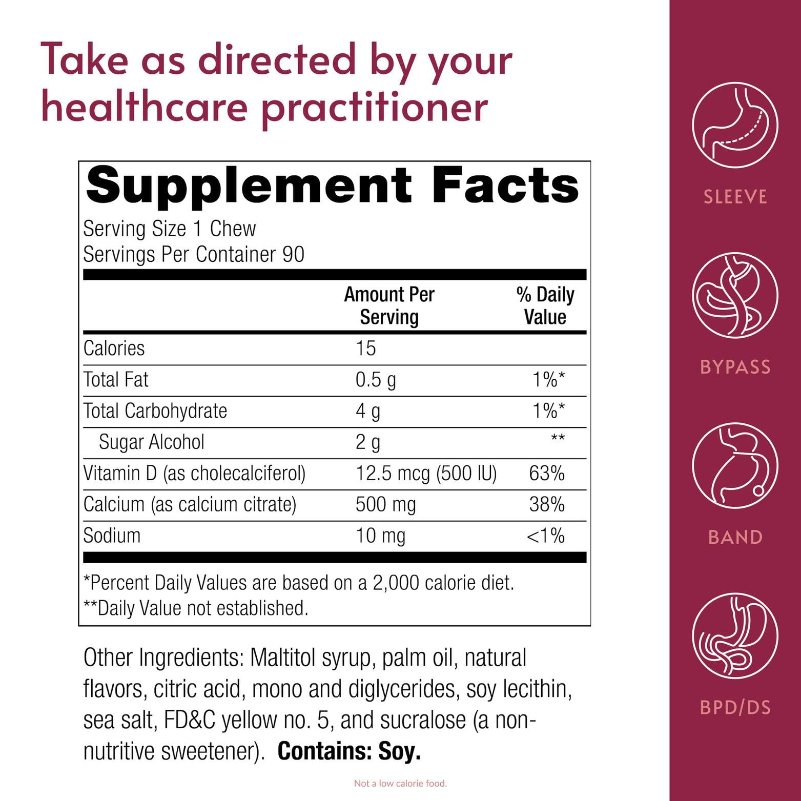 Bariatric Advantage Calcium Citrate Chewy Bites, sin azúcar, opción portátil para snack.