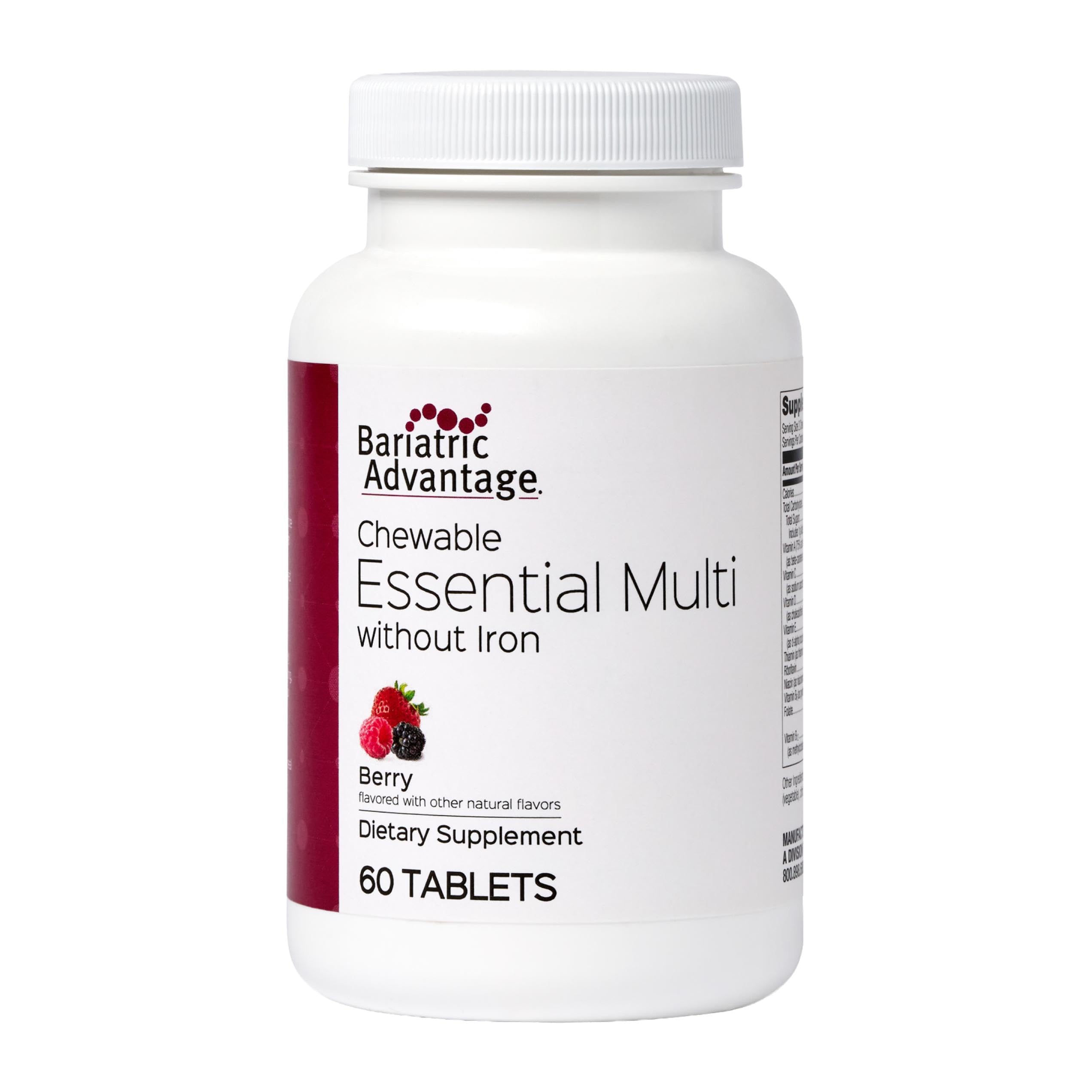 Bariatric Advantage: comprimidos masticables sabor baya en frasco para apoyo diario de nutrientes.