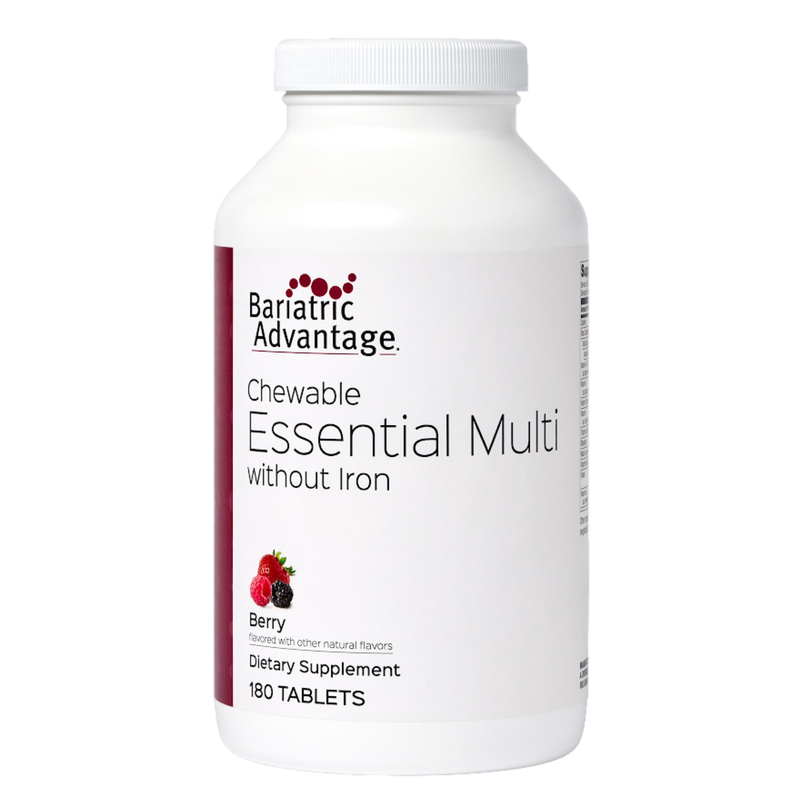 Bariatric Advantage comprimidos masticables de frambuesa, 180 unidades, apoyo nutricional diario sin hierro.