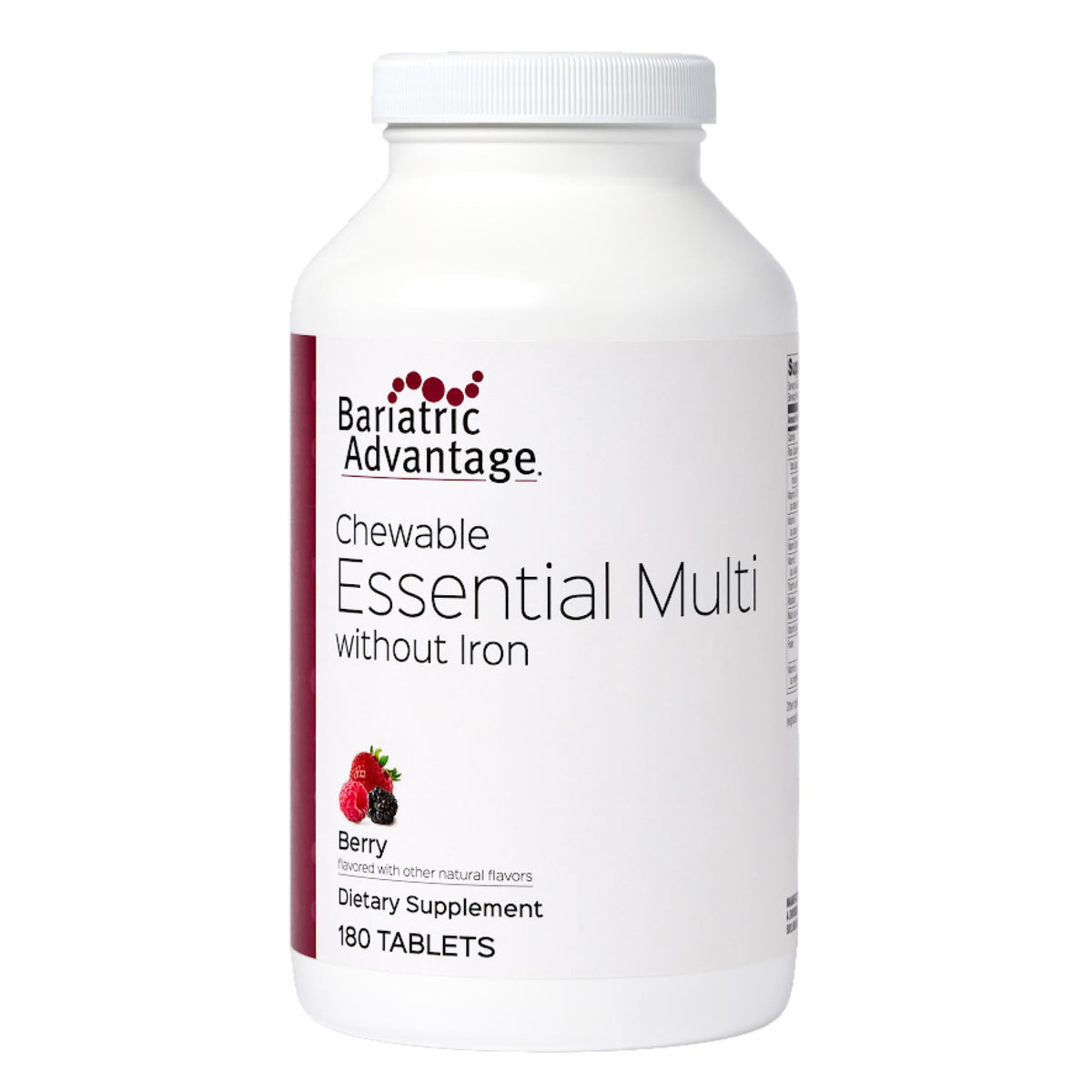 Bariatric Advantage comprimidos masticables de frambuesa, 180 unidades, apoyo nutricional diario sin hierro.