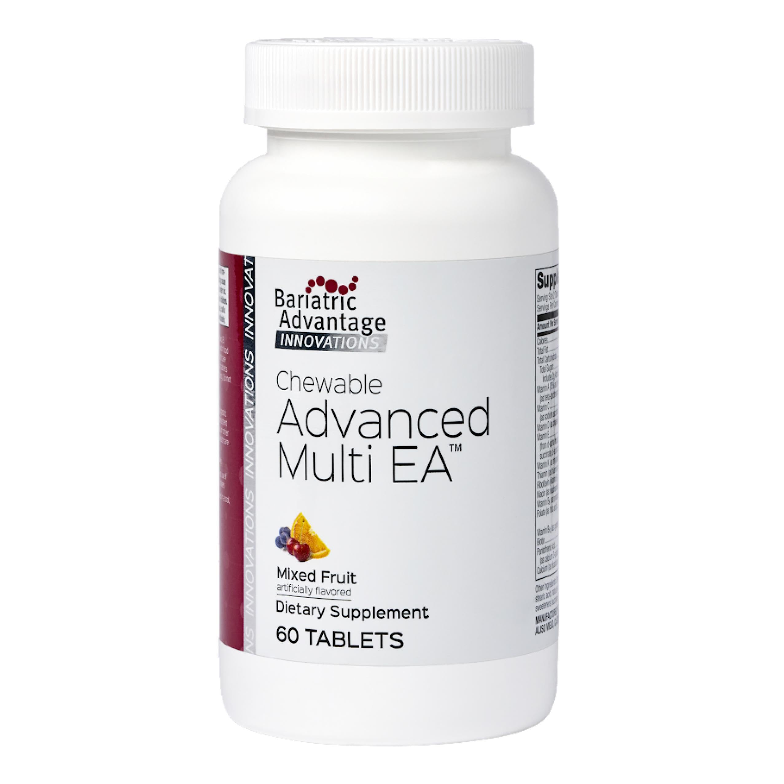 Bariatric Advantage Multivitamina masticable en botella, sabor fruta mixta, ideal para uso diario.
