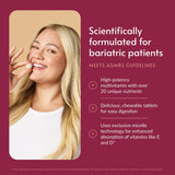 Tabletas masticables Bariatric Advantage, sabor fruta mixta, fáciles de masticar y digerir.
