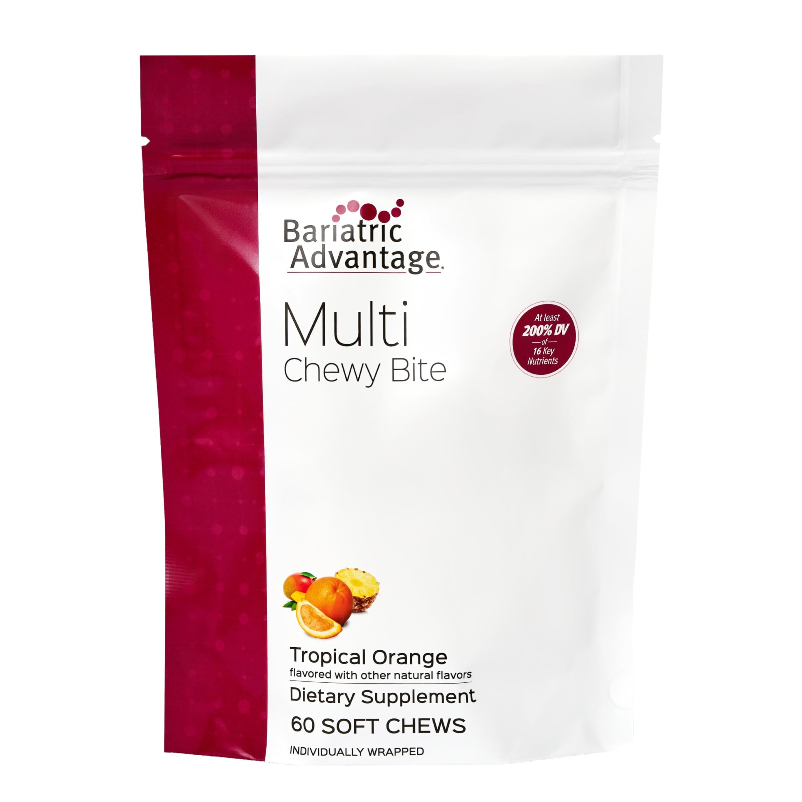 Bariatric Advantage Multi Chewy Bite empaque tropical naranja, opción conveniente para la ingesta diaria.