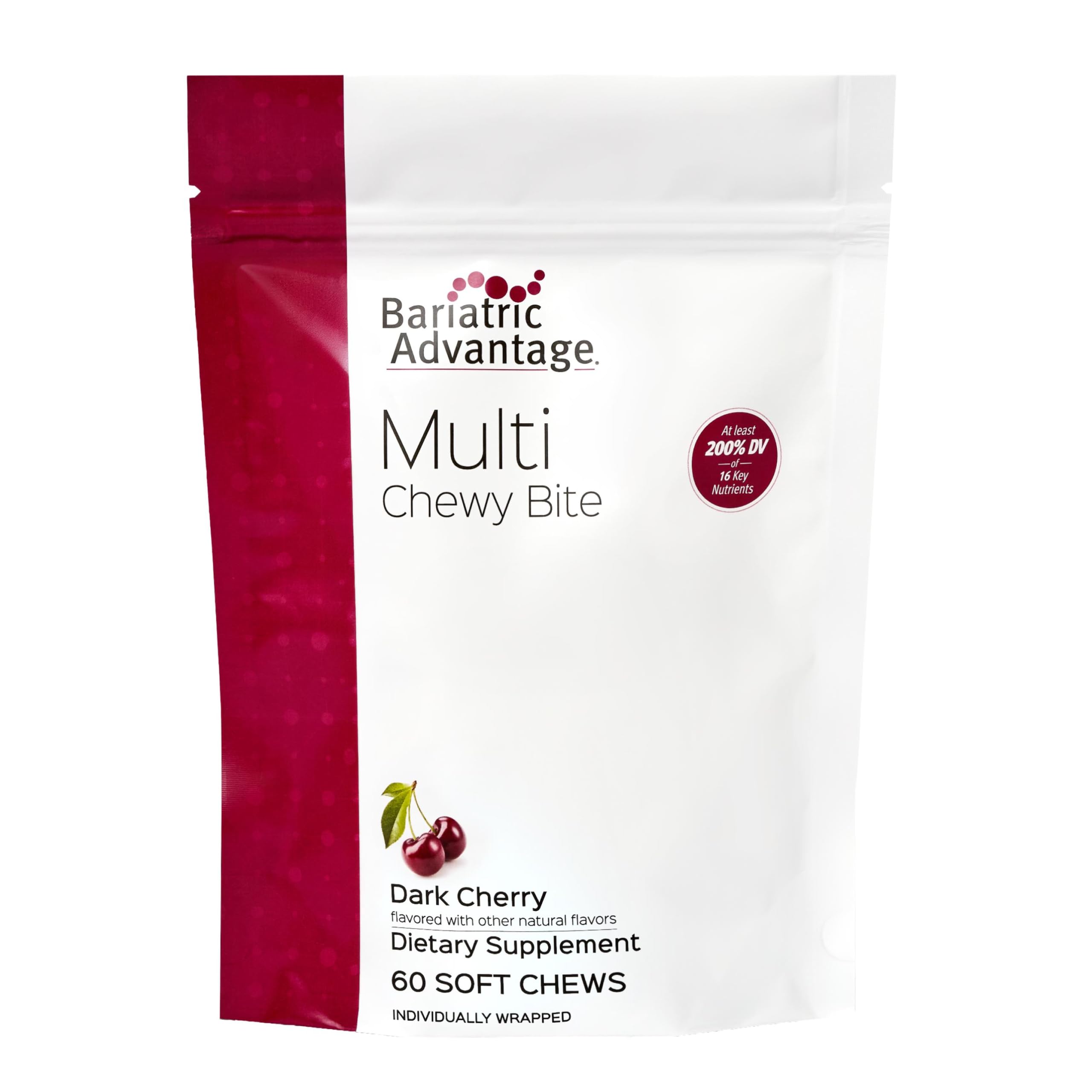 Bariatric Advantage Multi Chewy Bite frente al empaque, suplemento diario para bariátricos, sabor cereza oscura.