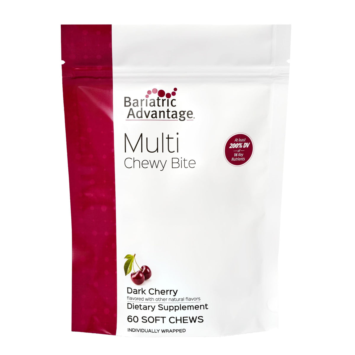 Bariatric Advantage Multi Chewy Bite frente al empaque, suplemento diario para bariátricos, sabor cereza oscura.