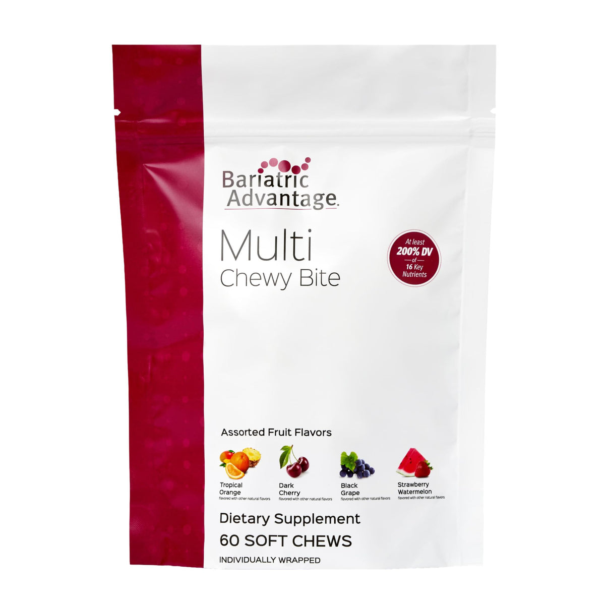 Bariatric Advantage Multi Chewy Bite con sabor fruta, 60 unidades para consumo diario.