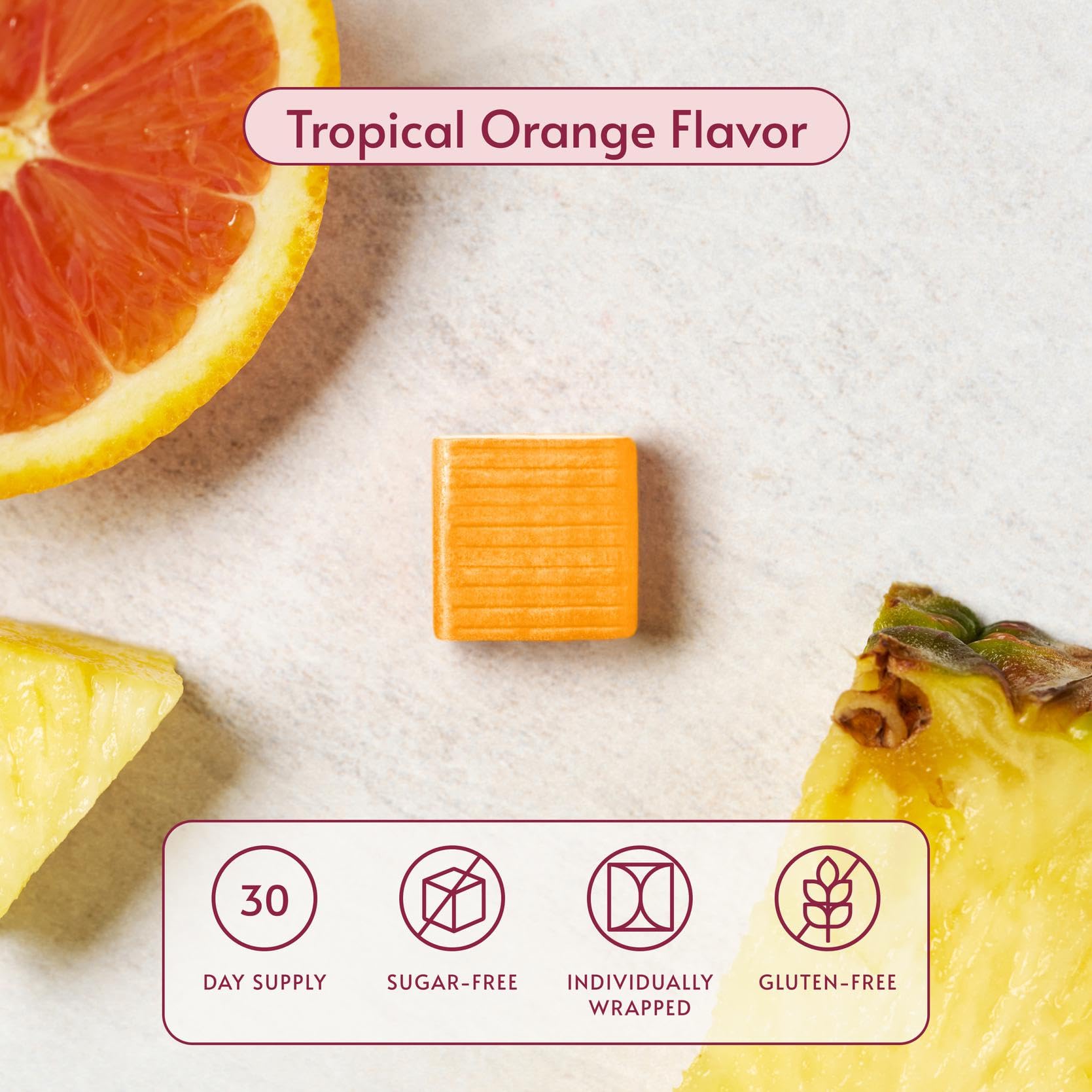 Bariatric Advantage Multi Chewy Bite sabor tropical naranja, gusto agradable sin regusto polvoriento.