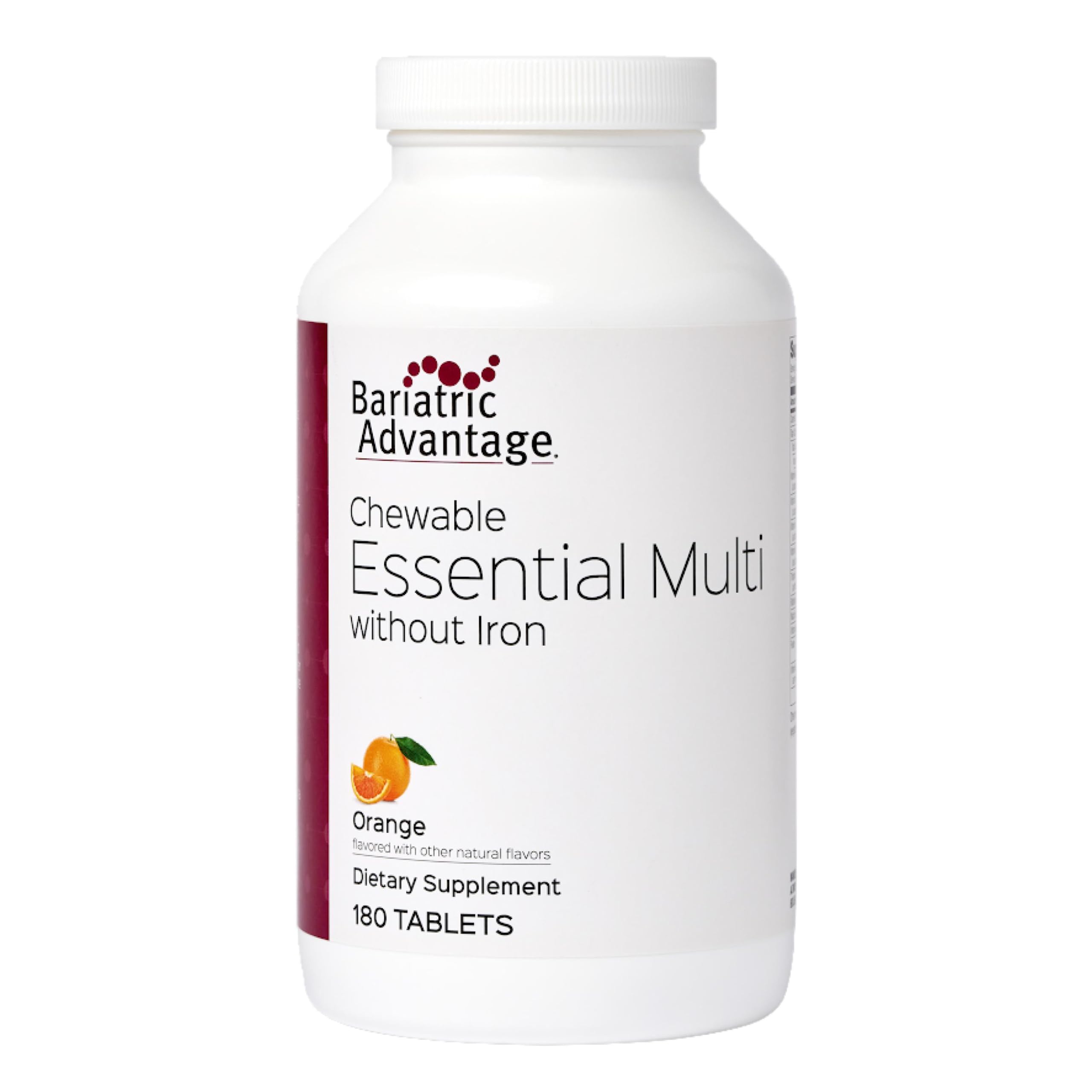Bariatric Advantage multivitaminas masticables sabor naranja, bote de 180 dosis para uso diario.