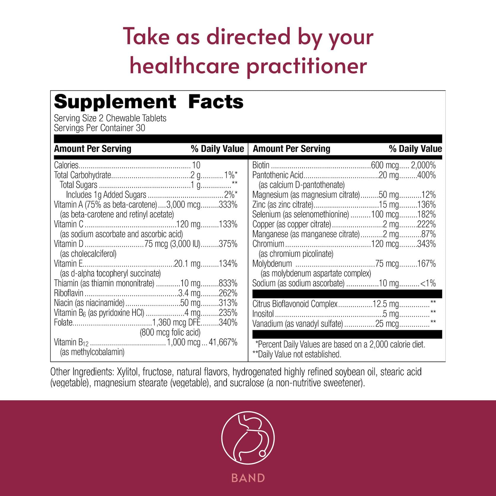 Bariatric Advantage multivitamínico masticable sin hierro para dieta bariátrica.
