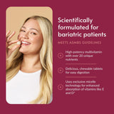 Tabletas masticables Bariatric Advantage, sabor fruta mixta, fácil consumo diario.