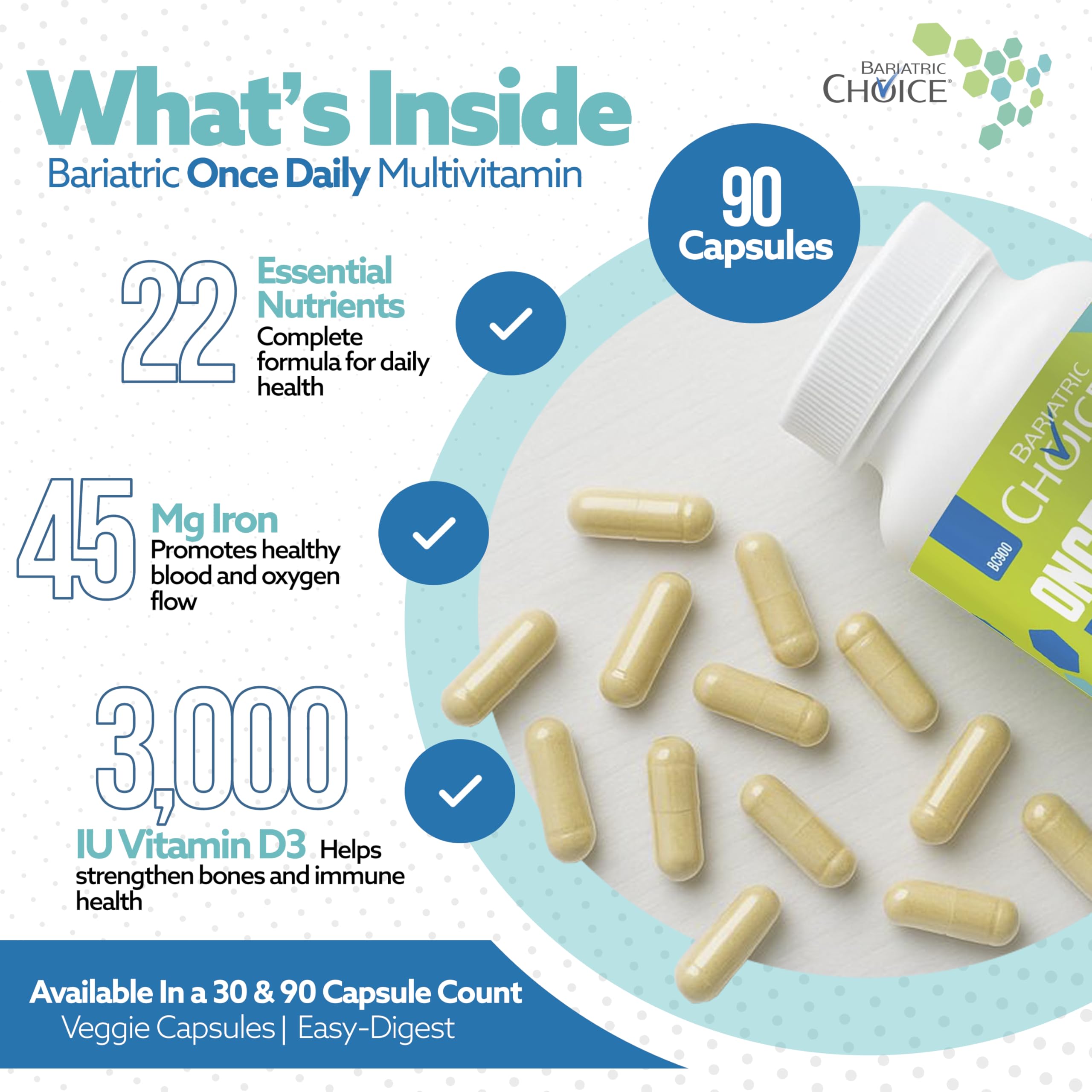 Bariatric Choice: 45 mg de hierro para apoyo nutricional diario.