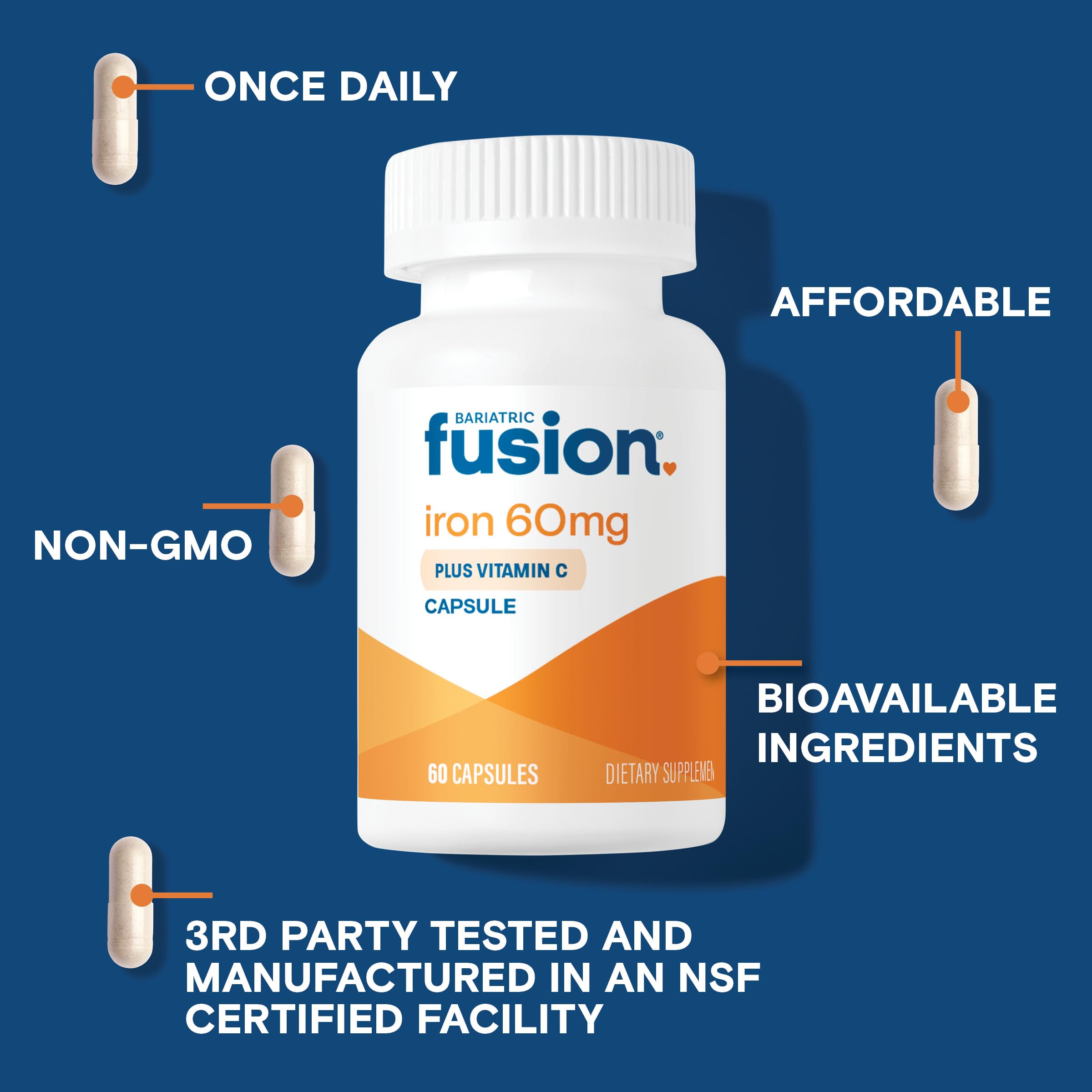Envase Bariatric Fusion Hierro con 60 cápsulas para consumo diario.