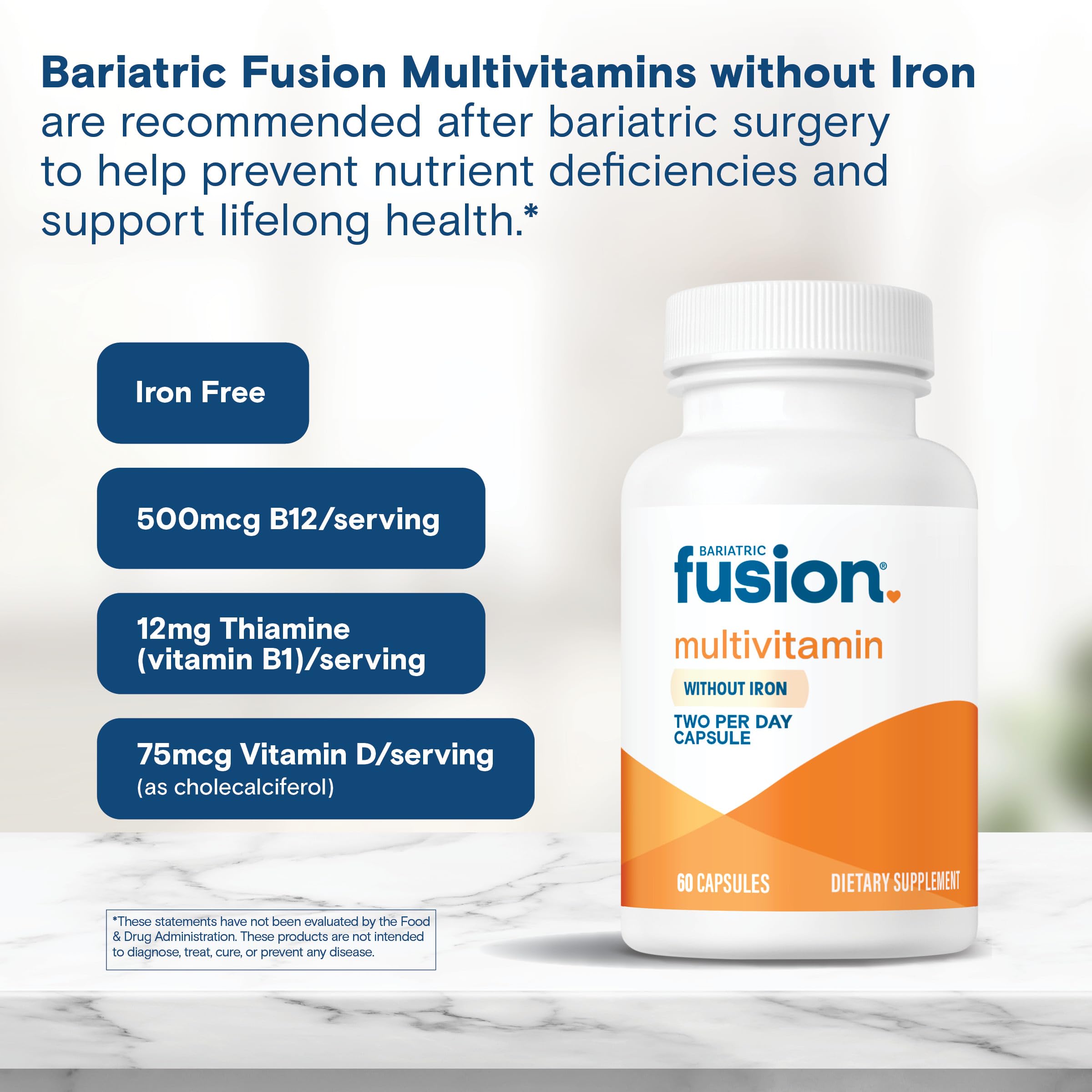 Composición de Bariatric Fusion sin hierro, ingredientes globales para el cuidado posquirúrgico.