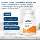 Composición de Bariatric Fusion sin hierro, ingredientes globales para el cuidado posquirúrgico.