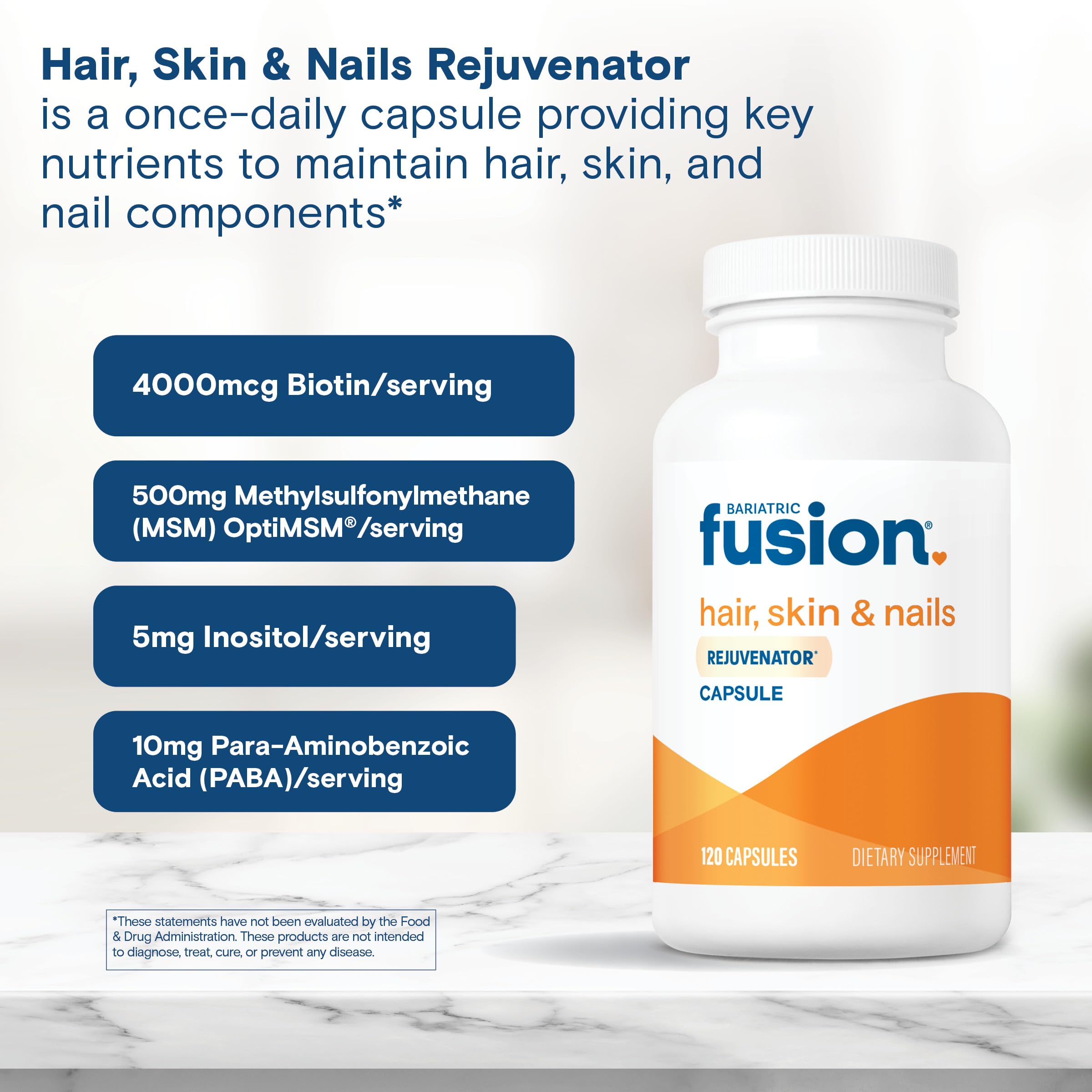Bariatric Fusion ONE contiene biotina y B12 para nutrición capilar y uñas.