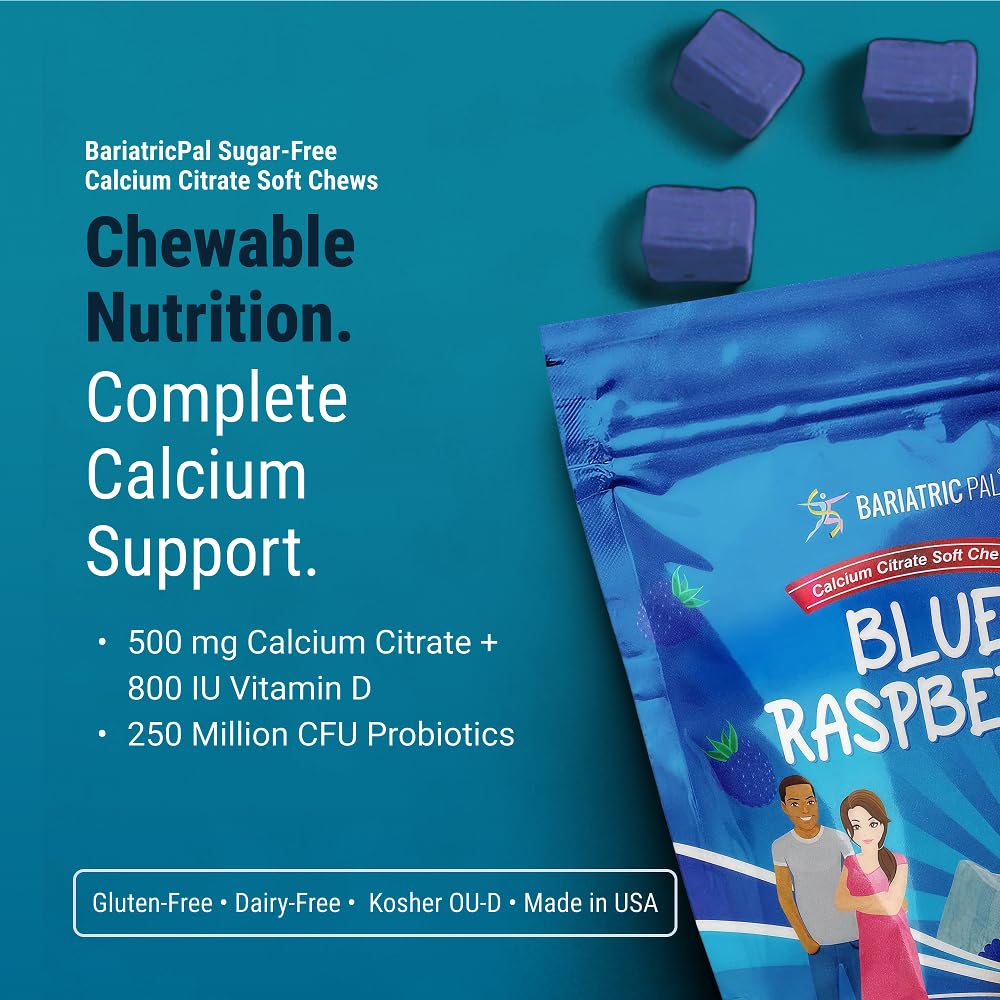 BariatricPal calcio citrato 500 mg con vitamina D, sabor frambuesa azul, absorción mejorada.