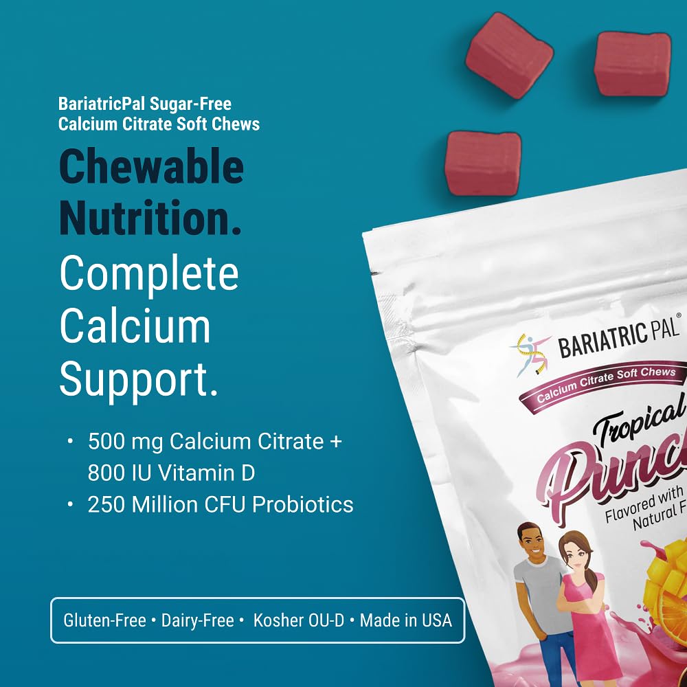 Gomitas BariatricPal calcio citrato 500 mg con vitamina D y probióticos, sabor agradable.