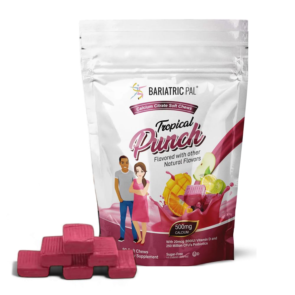 Gomitas BariatricPal calcio citrato sin azúcar sabor tropical punch, apoyo suave diario para huesos.