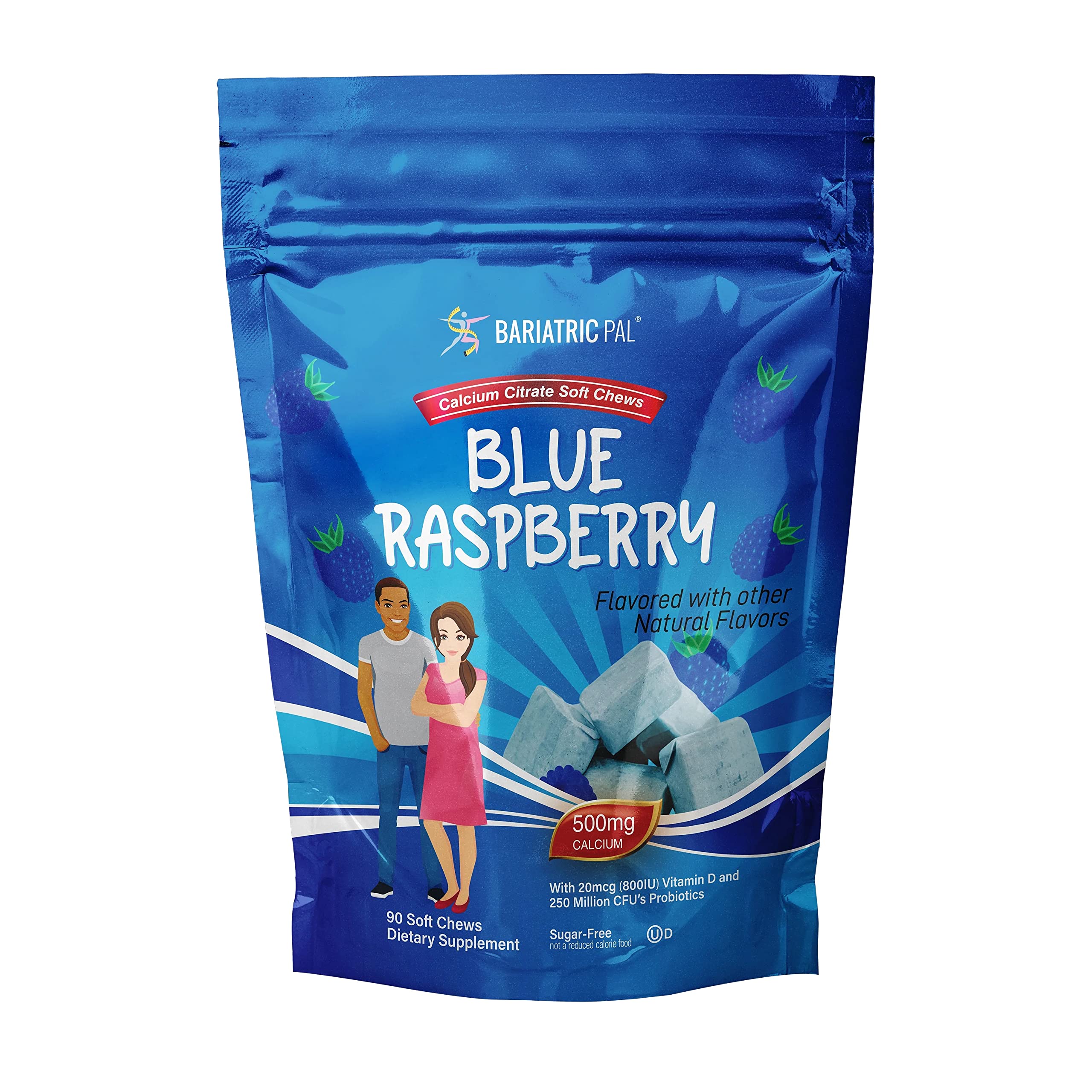 BariatricPal calcio citrato sin azúcar, sabor frambuesa azul, complemento diario agradable.