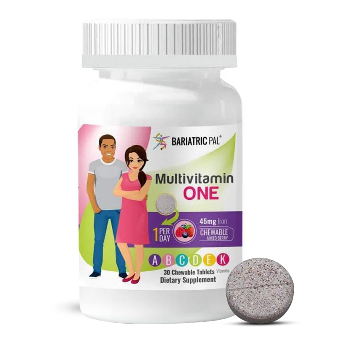 BariatricPal Multivitamin ONE, empaque frontal, fácil identificación de la dosis diaria.