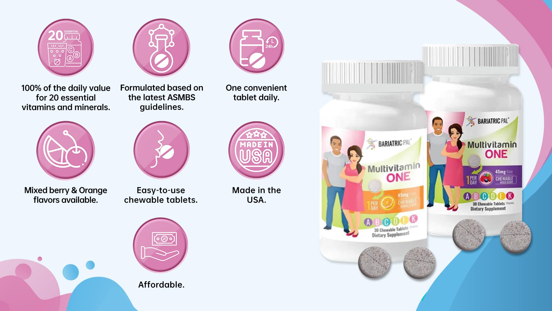 BariatricPal Multivitamin ONE, hierro 45 mg, estructura para apoyo nutricional.