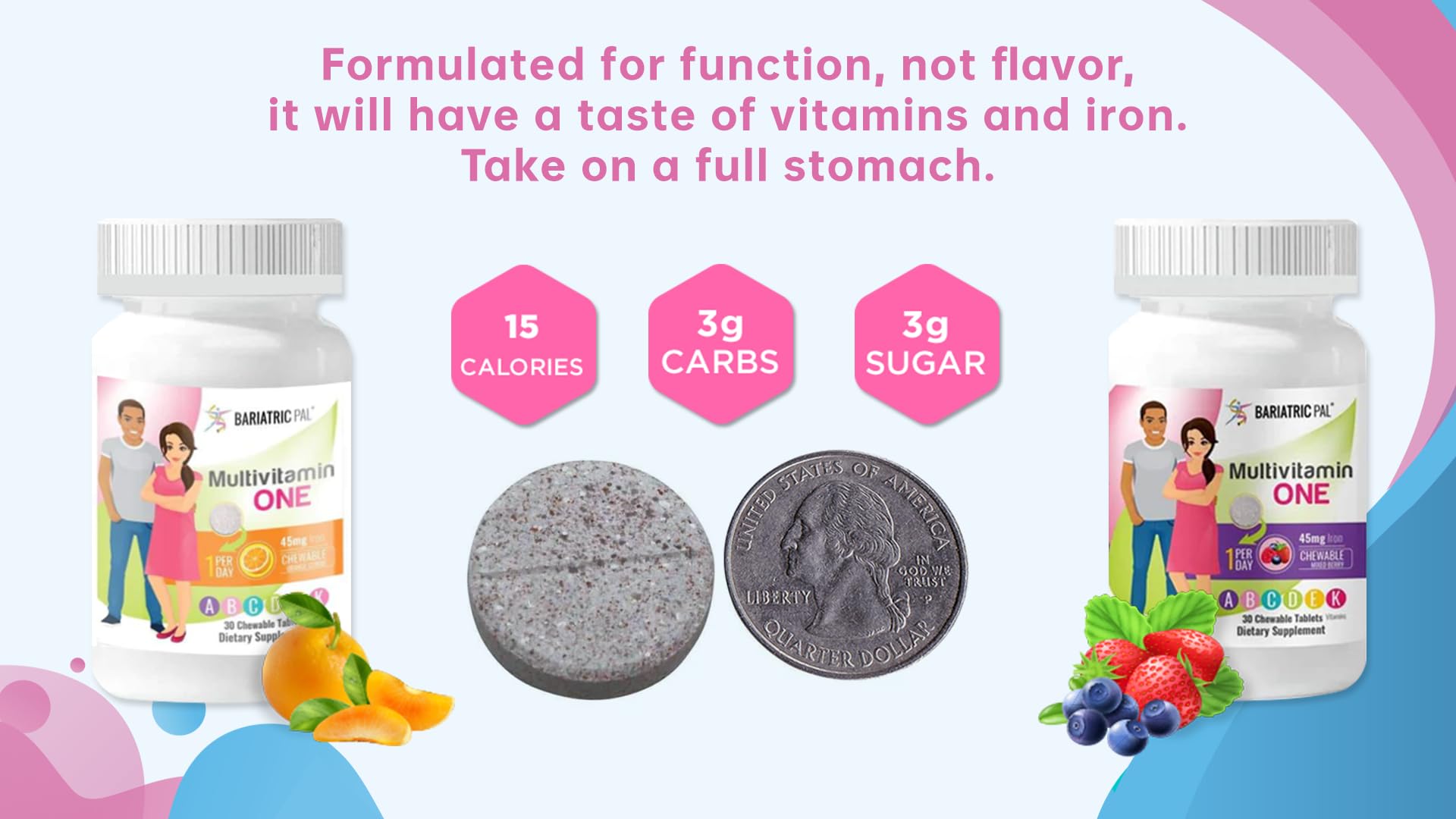 BariatricPal Multivitamin ONE, sabor mora mixto, fácil de consumir.