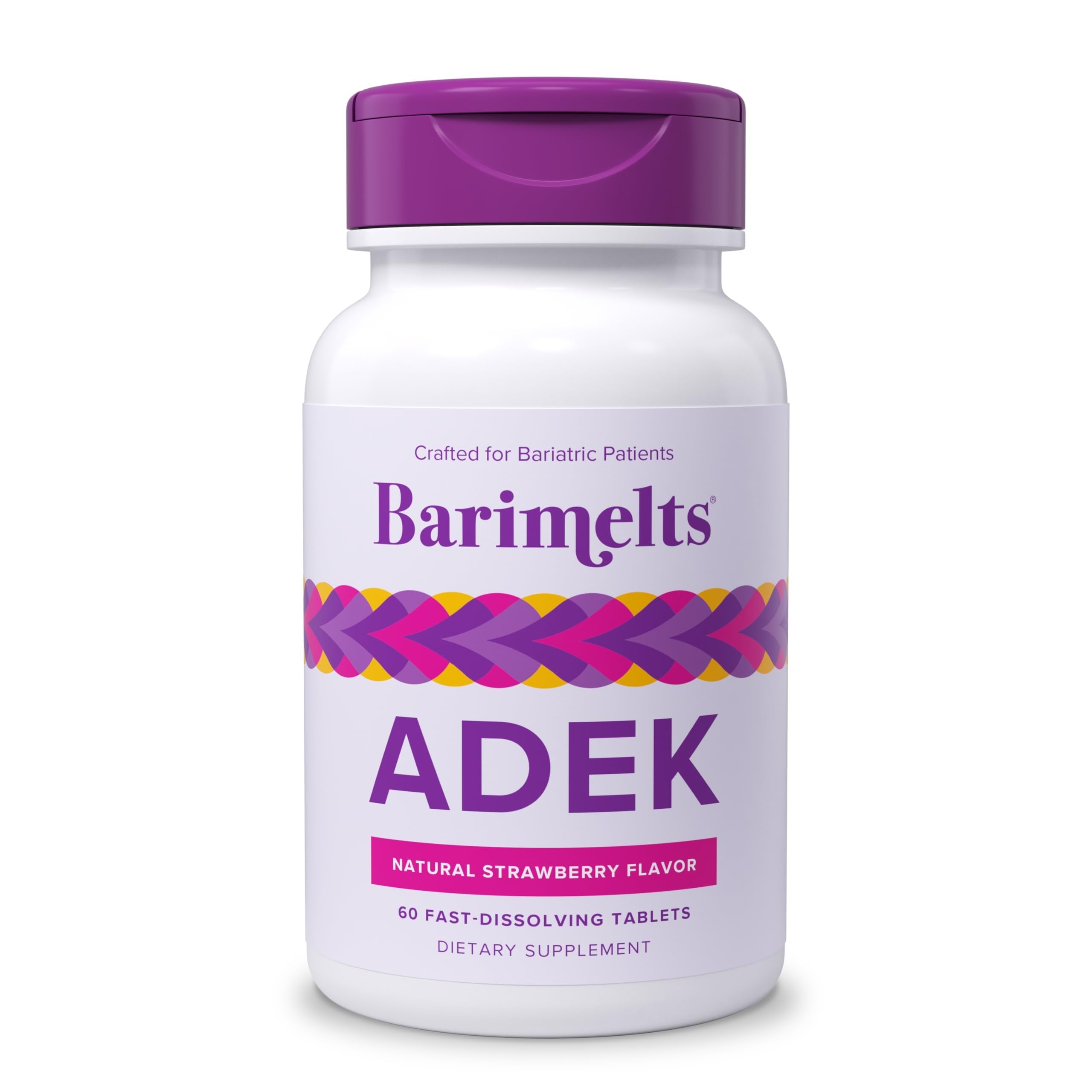 Barimelts ADEK, tabletas melt con sabor fresa natural, fácil de tomar tras cirugía bariátrica.