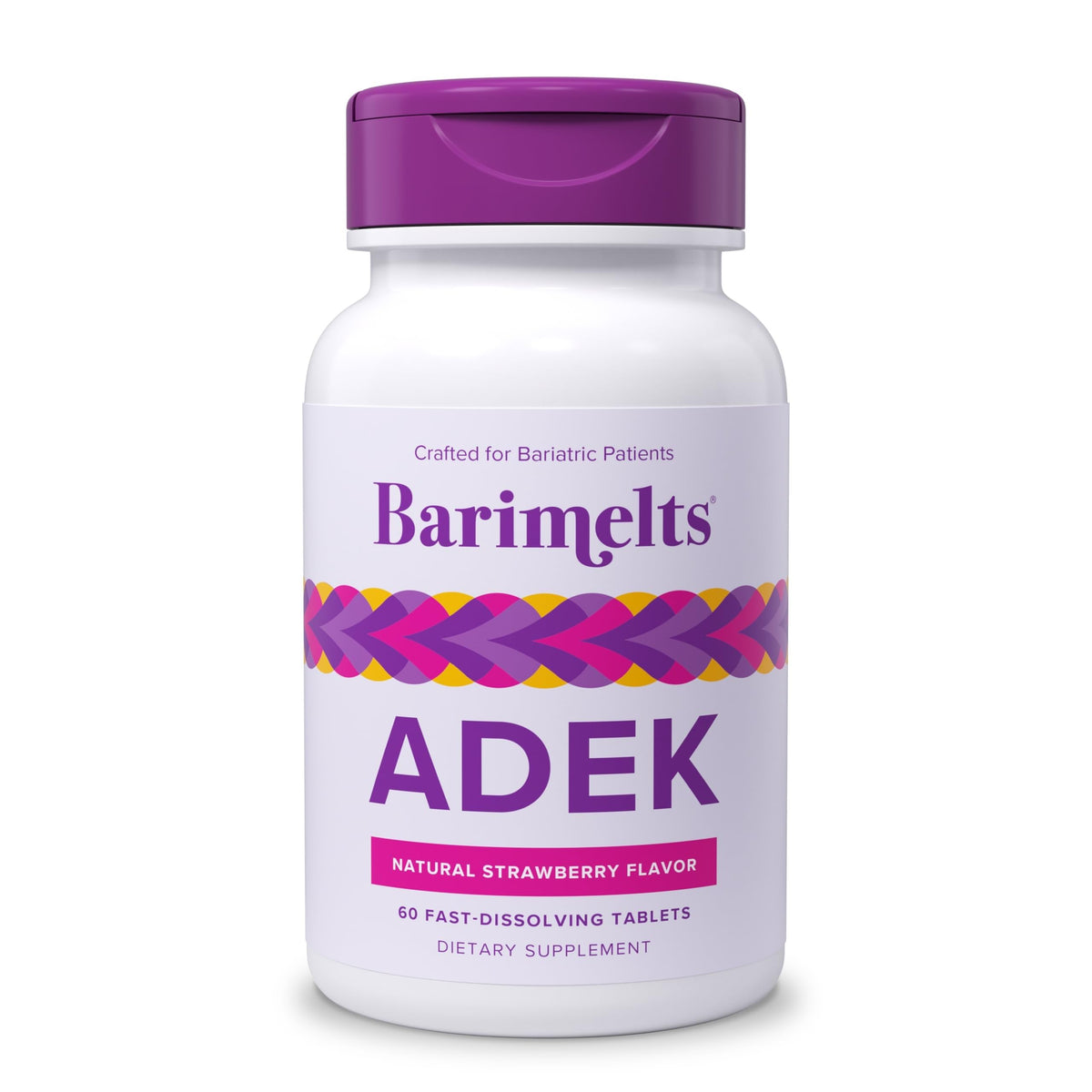 Barimelts ADEK, tabletas melt con sabor fresa natural, fácil de tomar tras cirugía bariátrica.