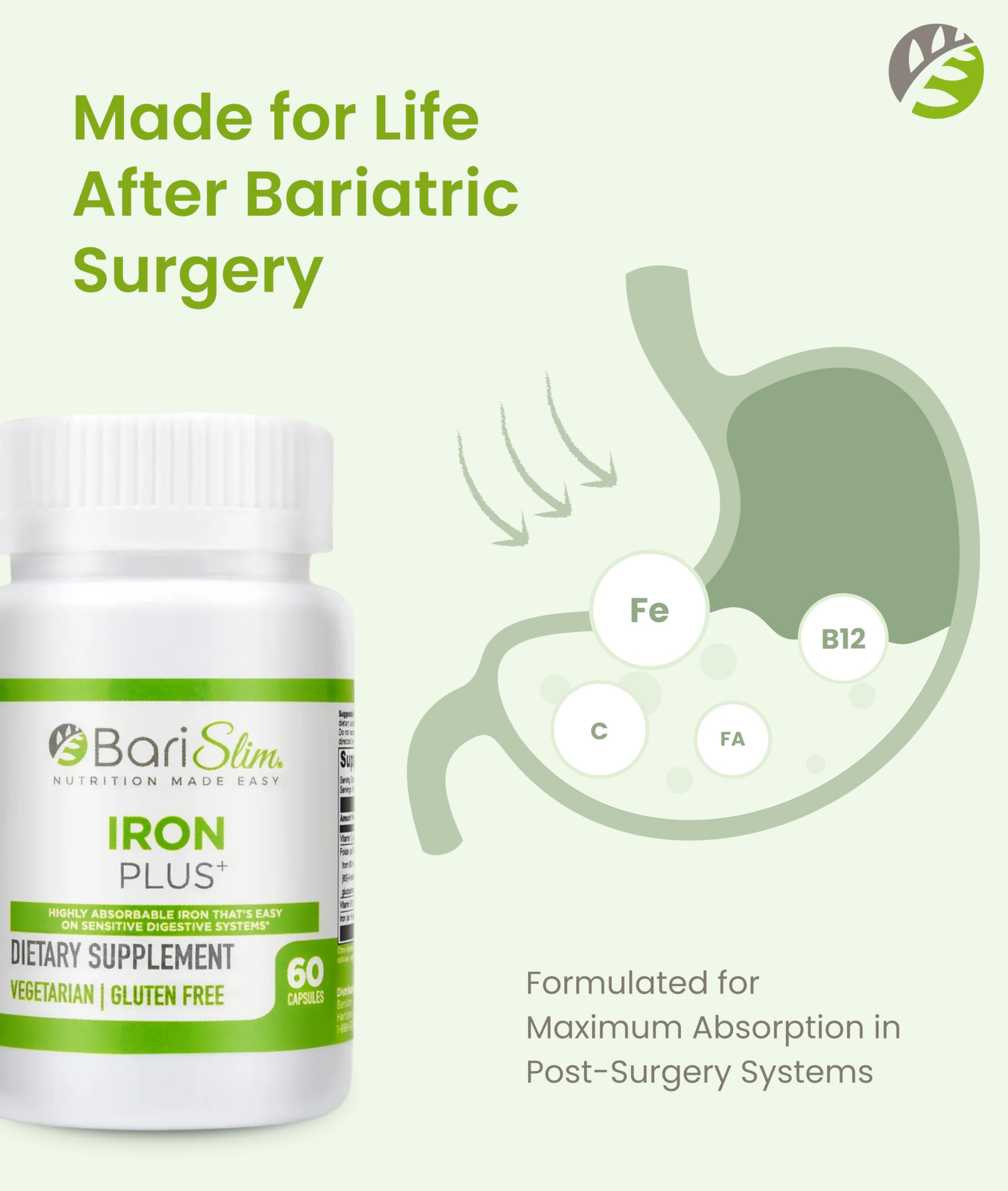BariSlim Iron Plus etiqueta frontal, fórmula de fácil digestión