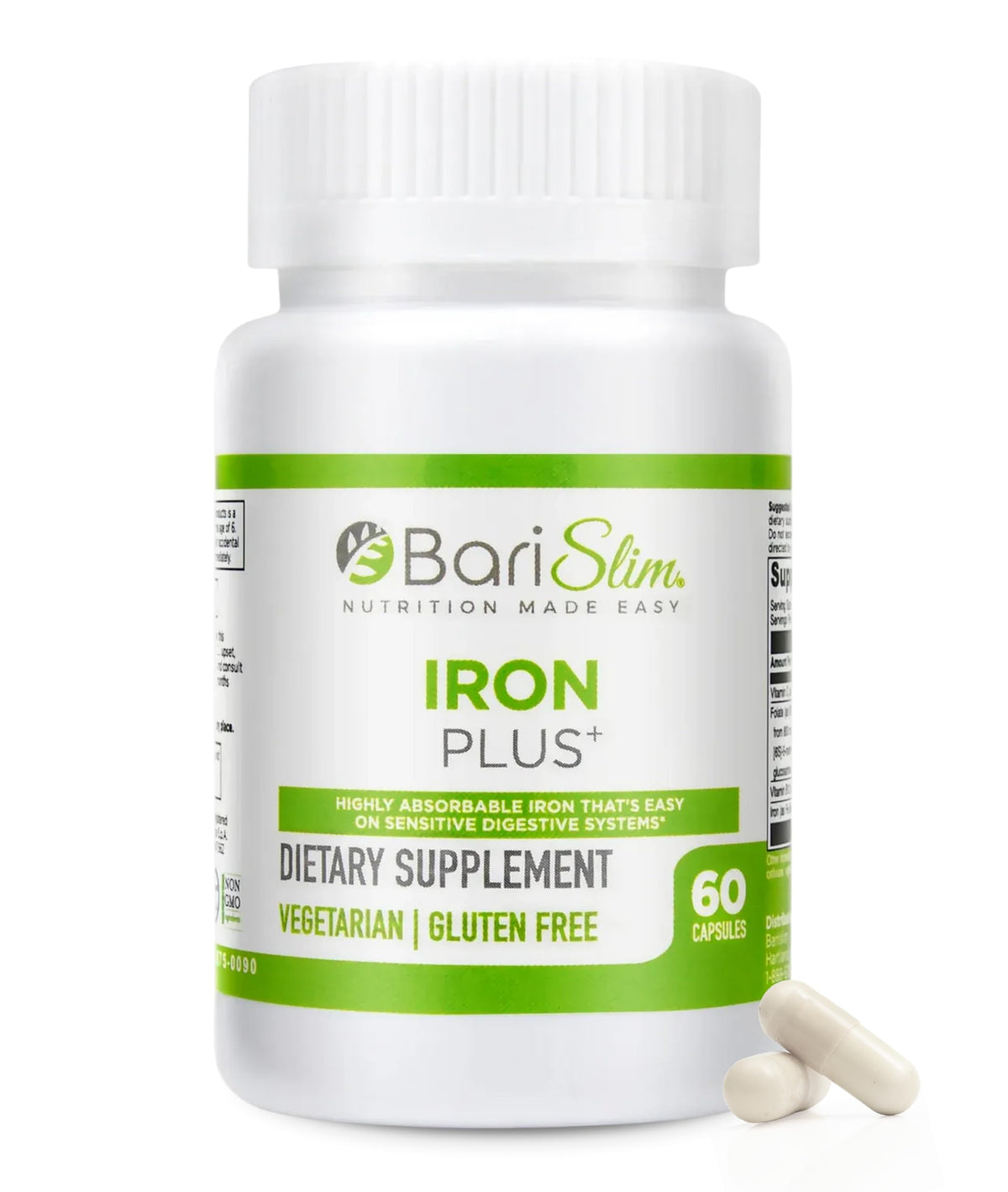 BariSlim Iron Plus frasco con dosis diaria para digestión suave