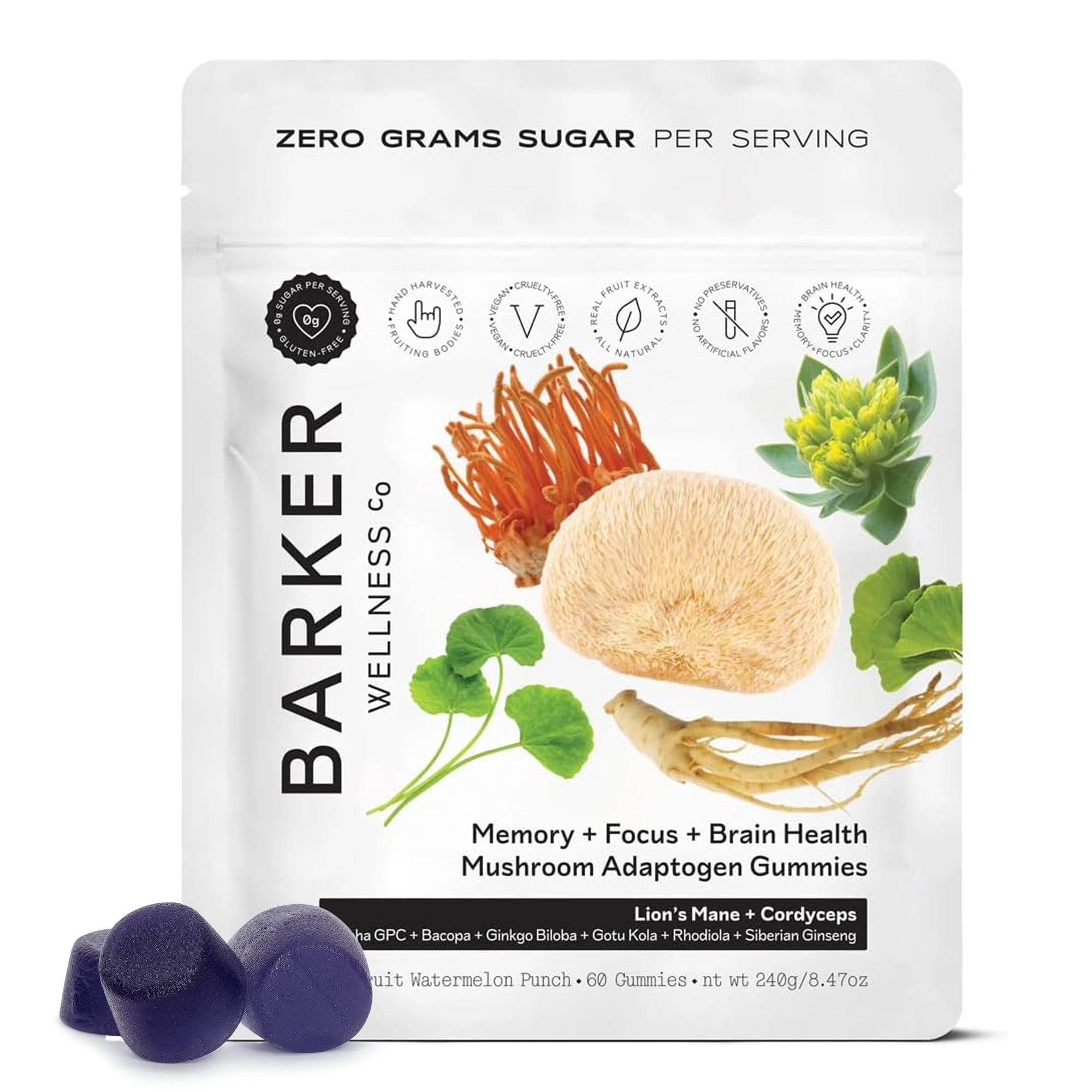 Gomitas Barker Wellness Co en bote para memoria y enfoque.