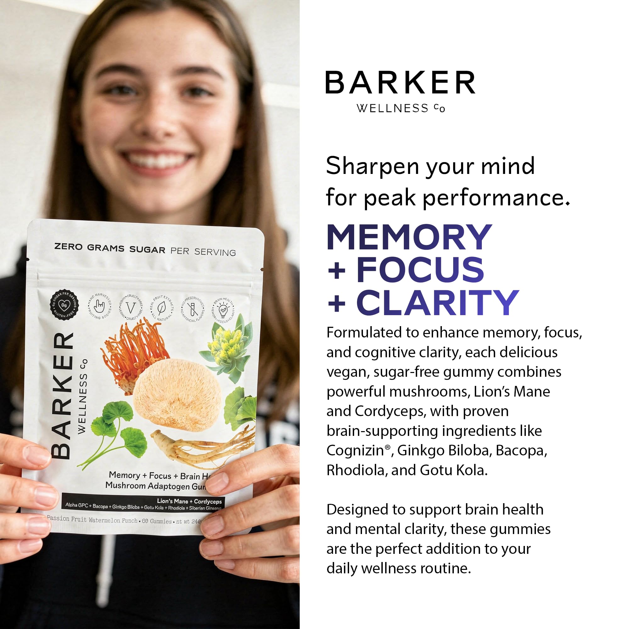 Dos gomitas diarias de Barker Wellness Co para vitalidad mental.