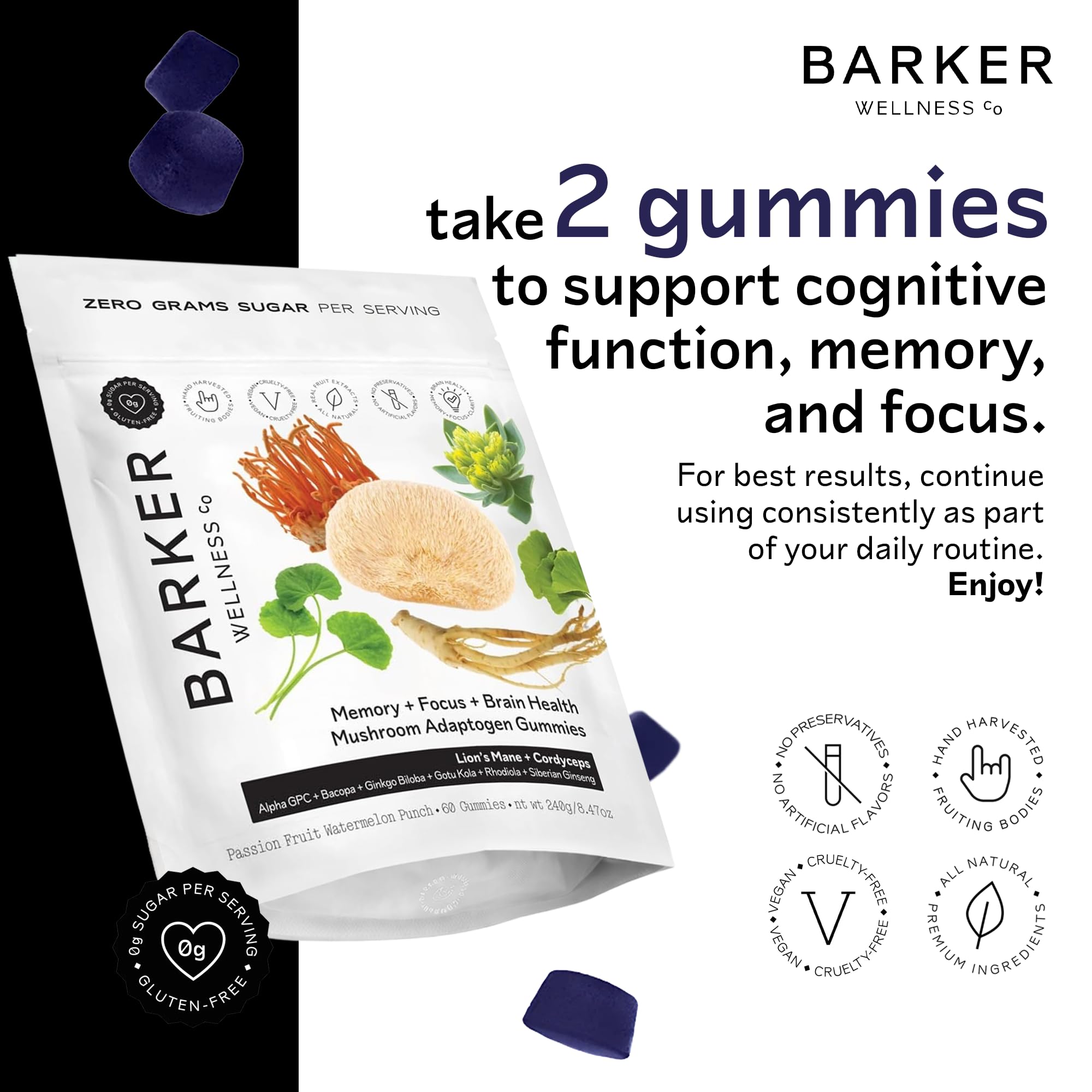 Gomitas Barker Wellness Co de colores con sabor pasion-fruta-sandia para energía cerebral.
