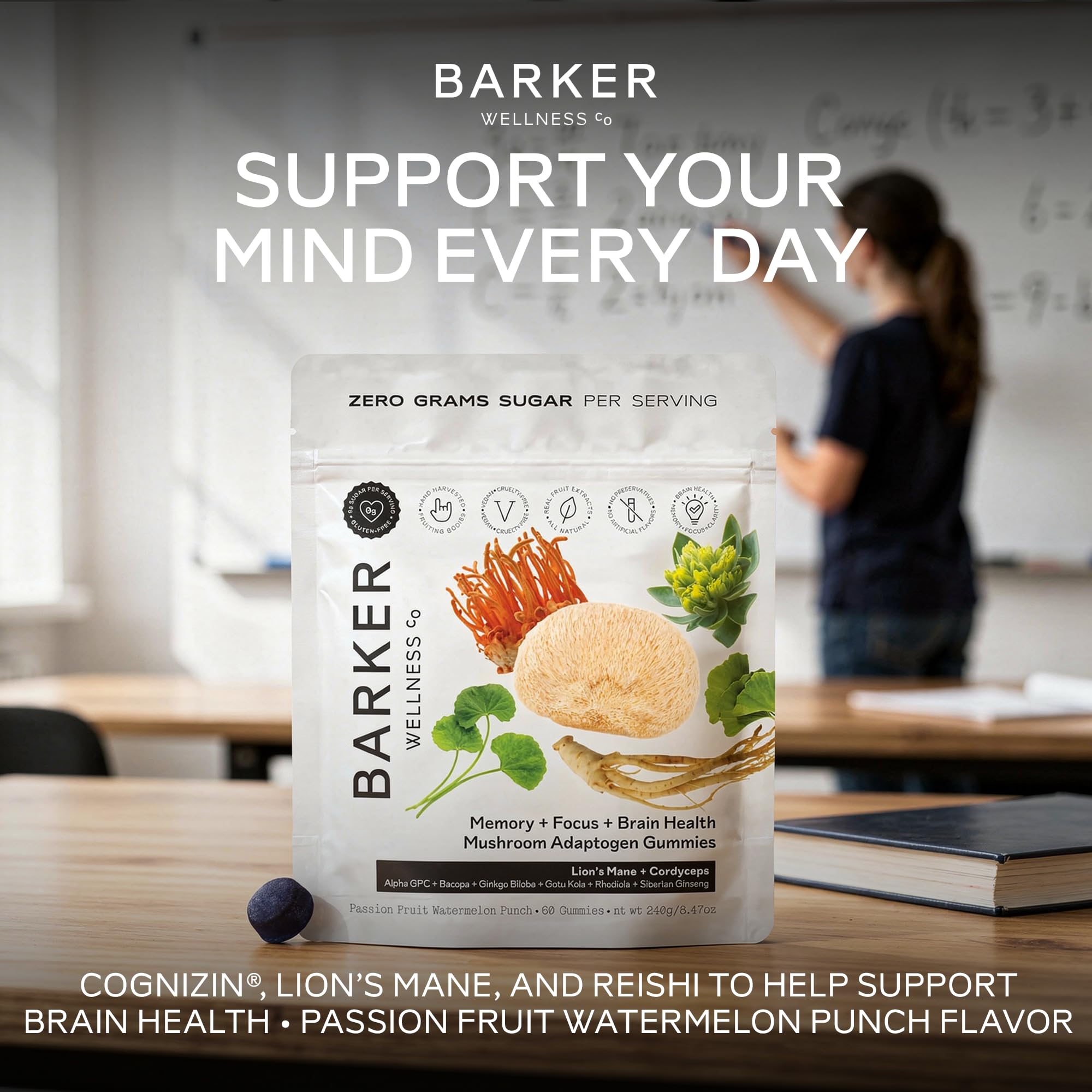 Gomitas Barker Wellness Co muestran melena de león y cordyceps para apoyo cognitivo.