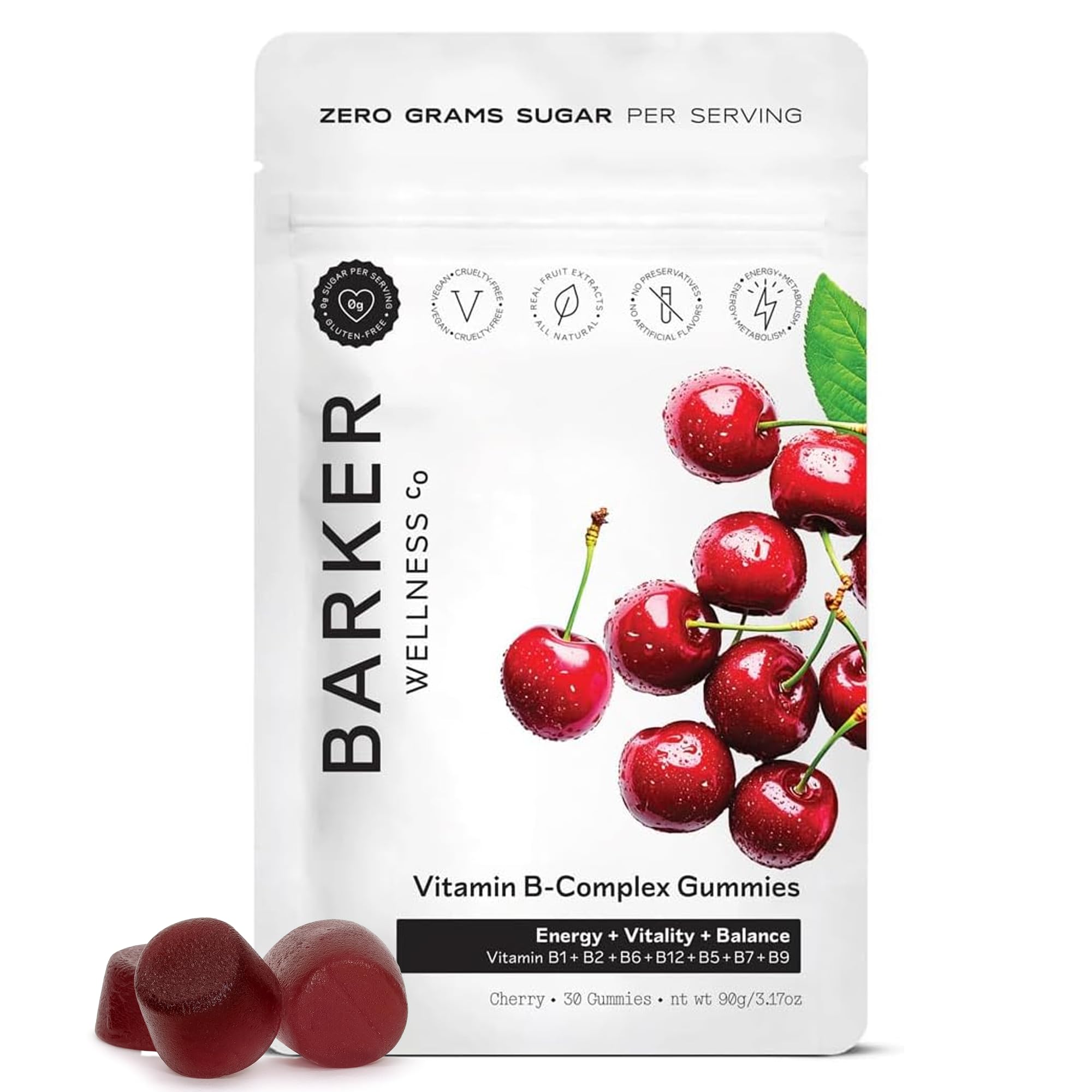 Gomitas veganas Barker Wellness Co en empaque, energía diaria.