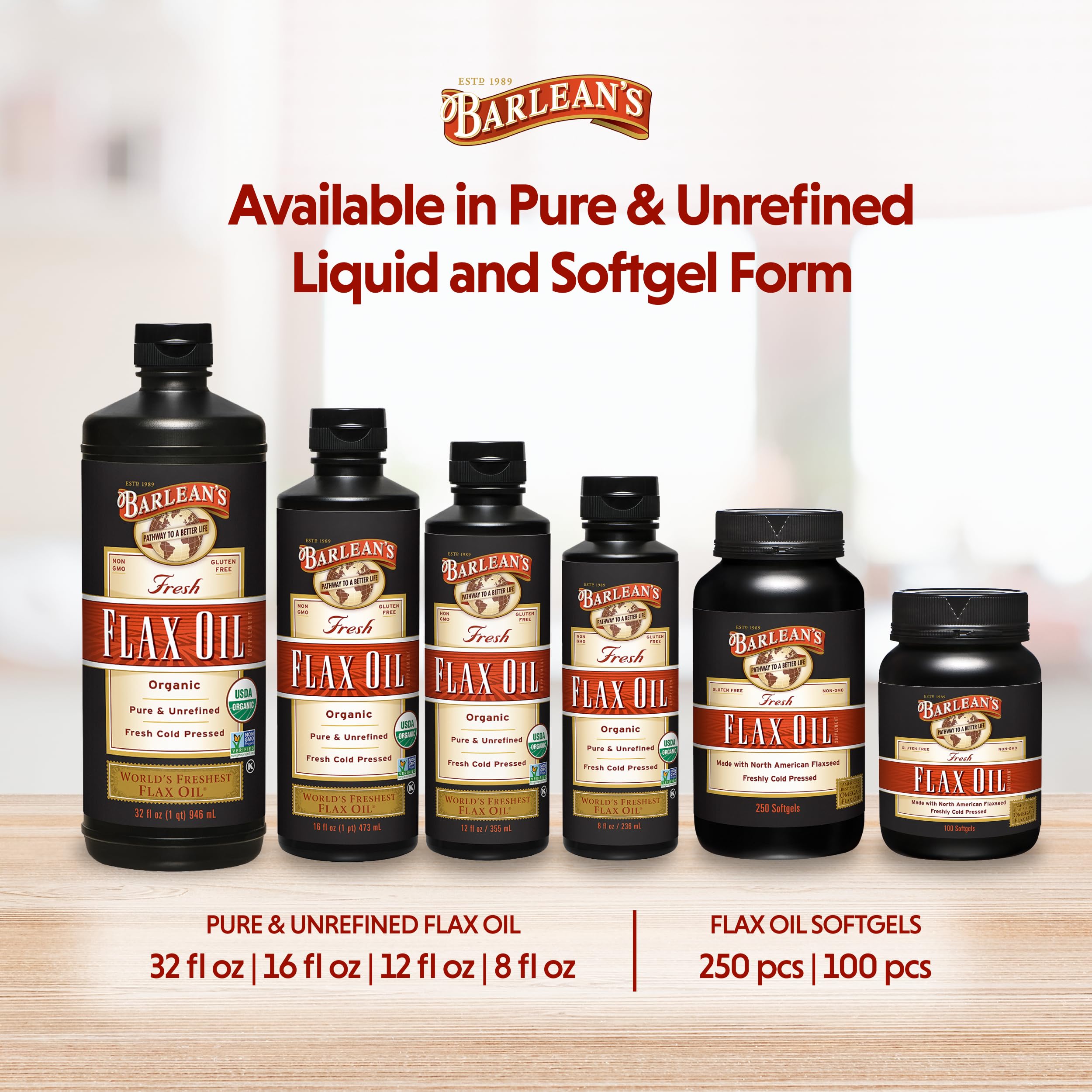 Barlean's Aceite de Linaza para cuidado de piel y cabello vegano.