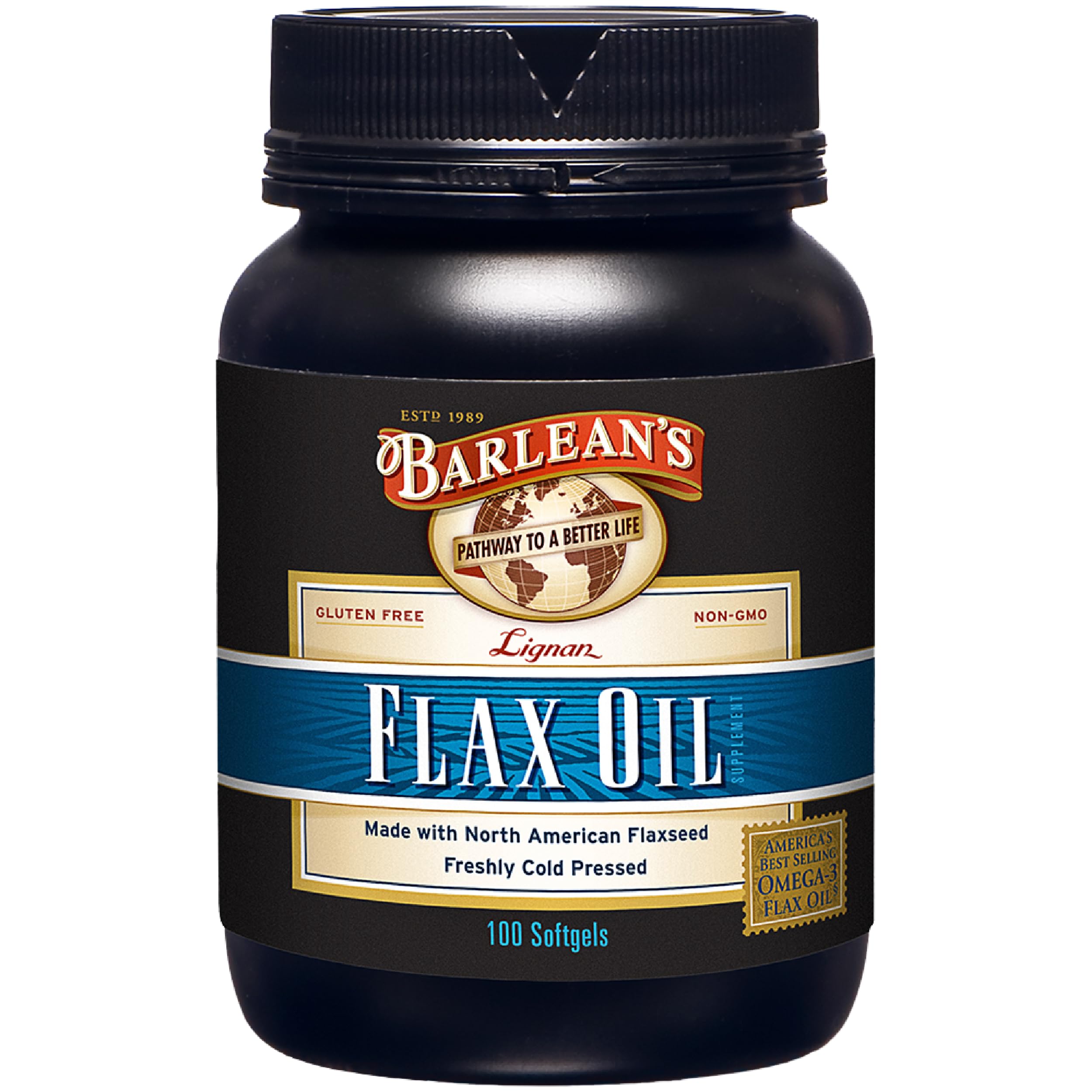 Barlean's Omega 3-6-9 lignano, aceite de linaza prensado en frío en cápsulas.
