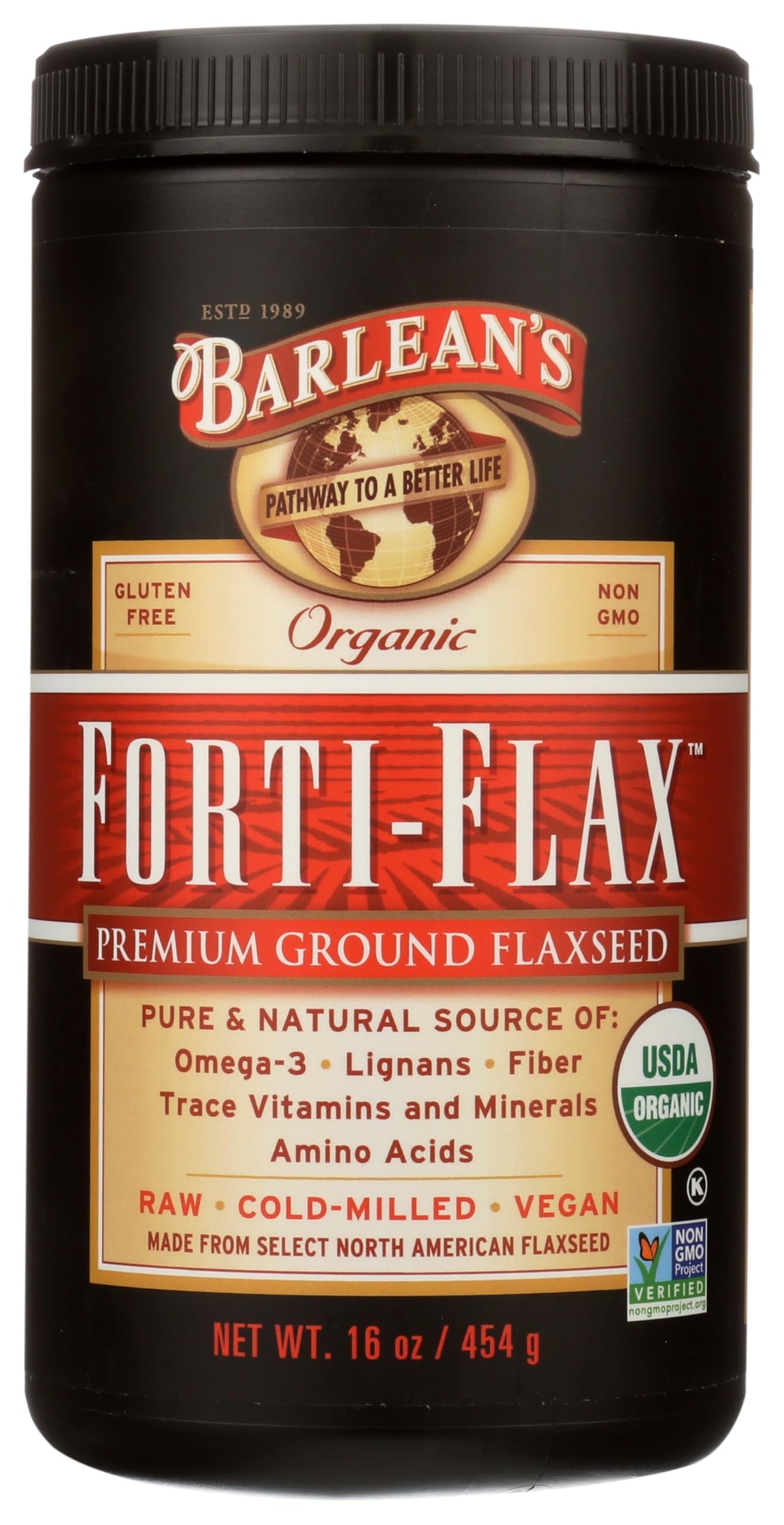 Barlean's Forti-Flax botella vertiendo, rica fuente de Omega 3 para batidos.