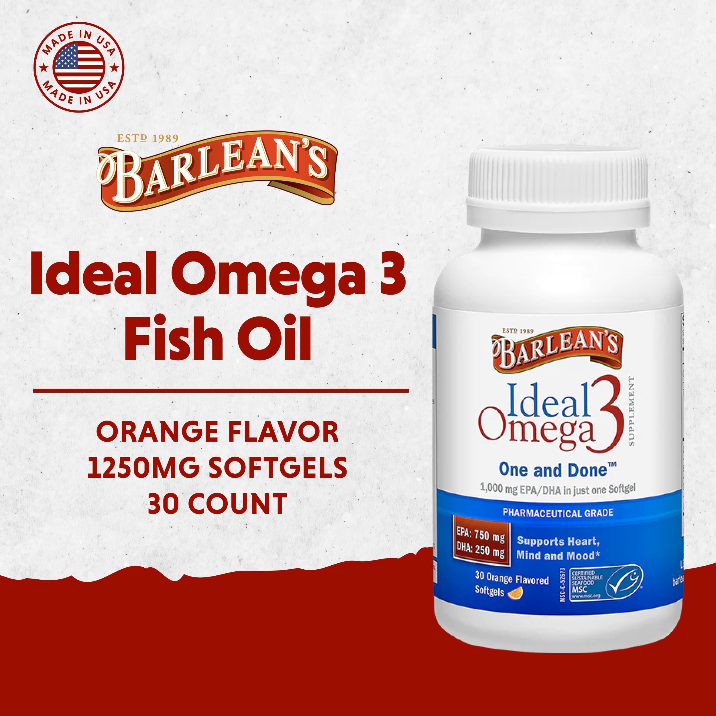 Barlean's Omega 3 1000 mg EPA/DHA en cápsula para apoyo diario del corazón.