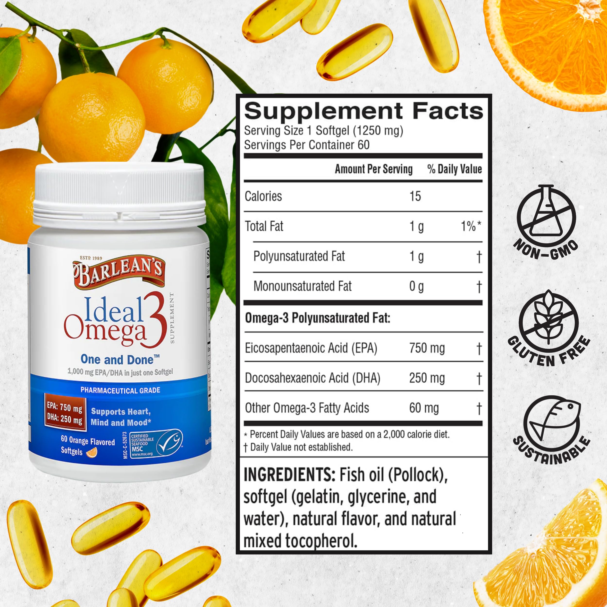Barlean's Ideal Omega 3 cápsulas fáciles de tragar para uso diario.