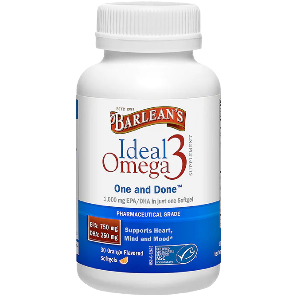 Barlean's Ideal Omega 3 cápsula suave naranja para ingesta diaria y sabor agradable.