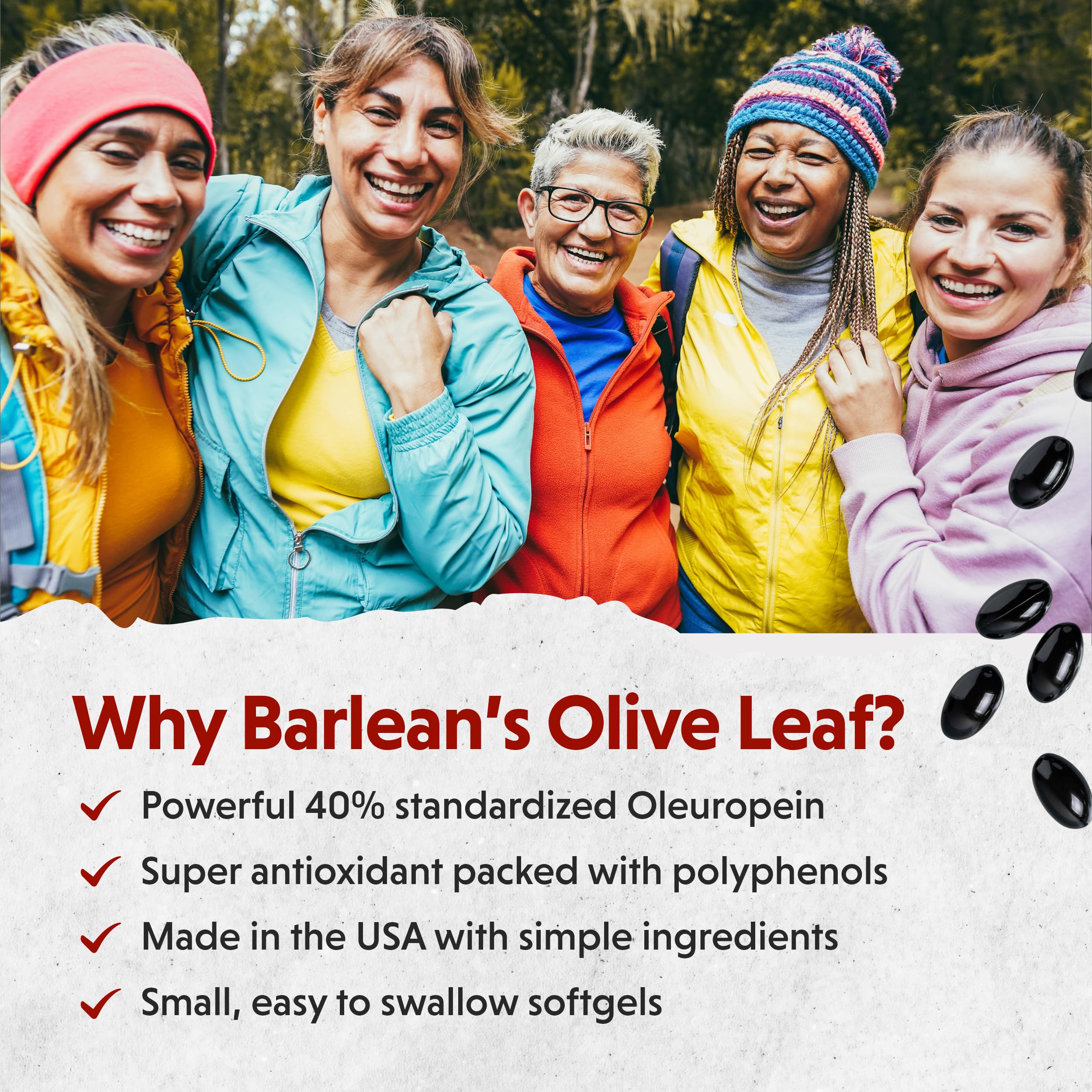Etiqueta de Barlean's Olive Leaf Complex destacando oleuropeína y antioxidantes.