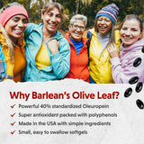 Etiqueta de Barlean's Olive Leaf Complex destacando oleuropeína y antioxidantes.