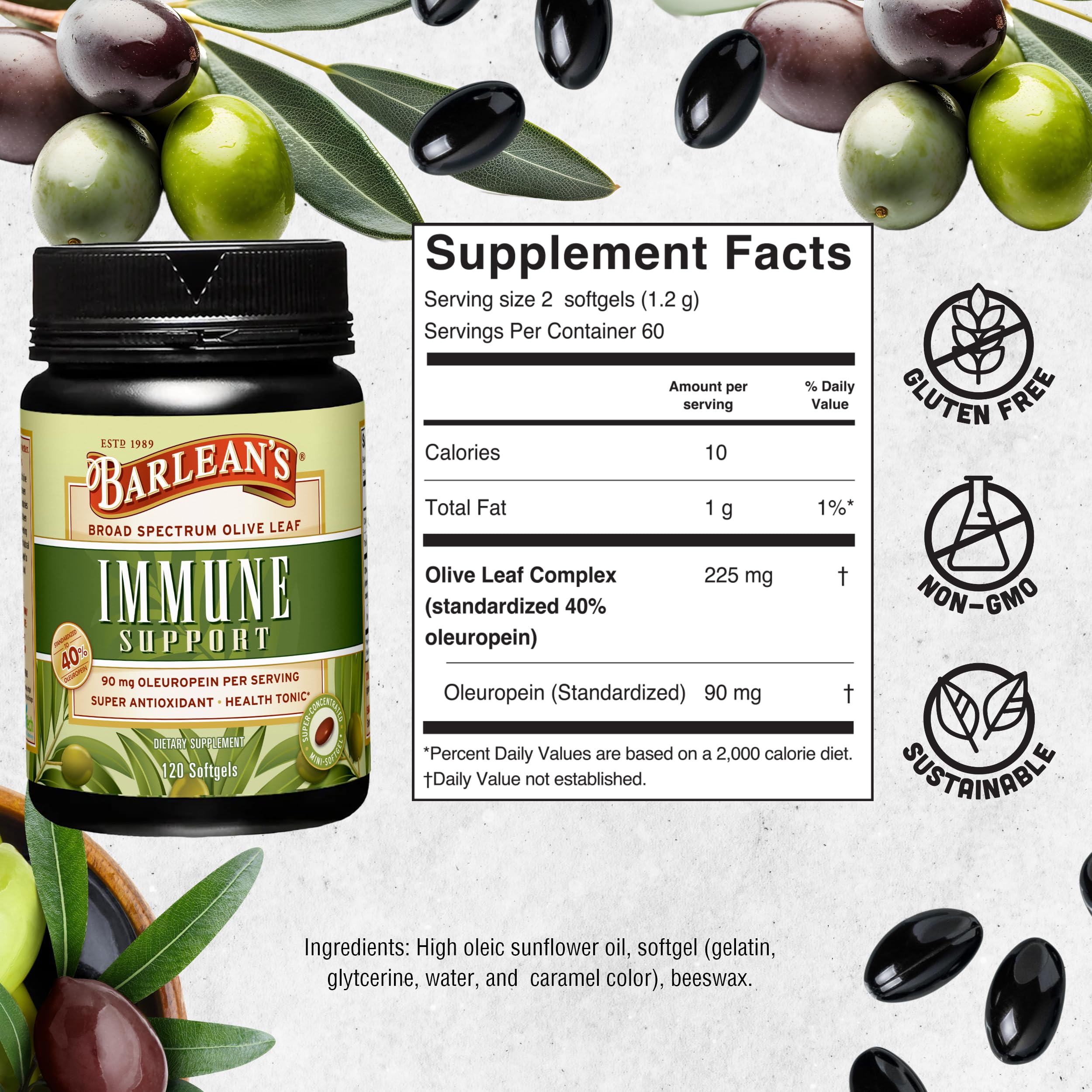 Formato de cápsulas pequeñas de Barlean's Olive Leaf Complex para tomar rápidamente.