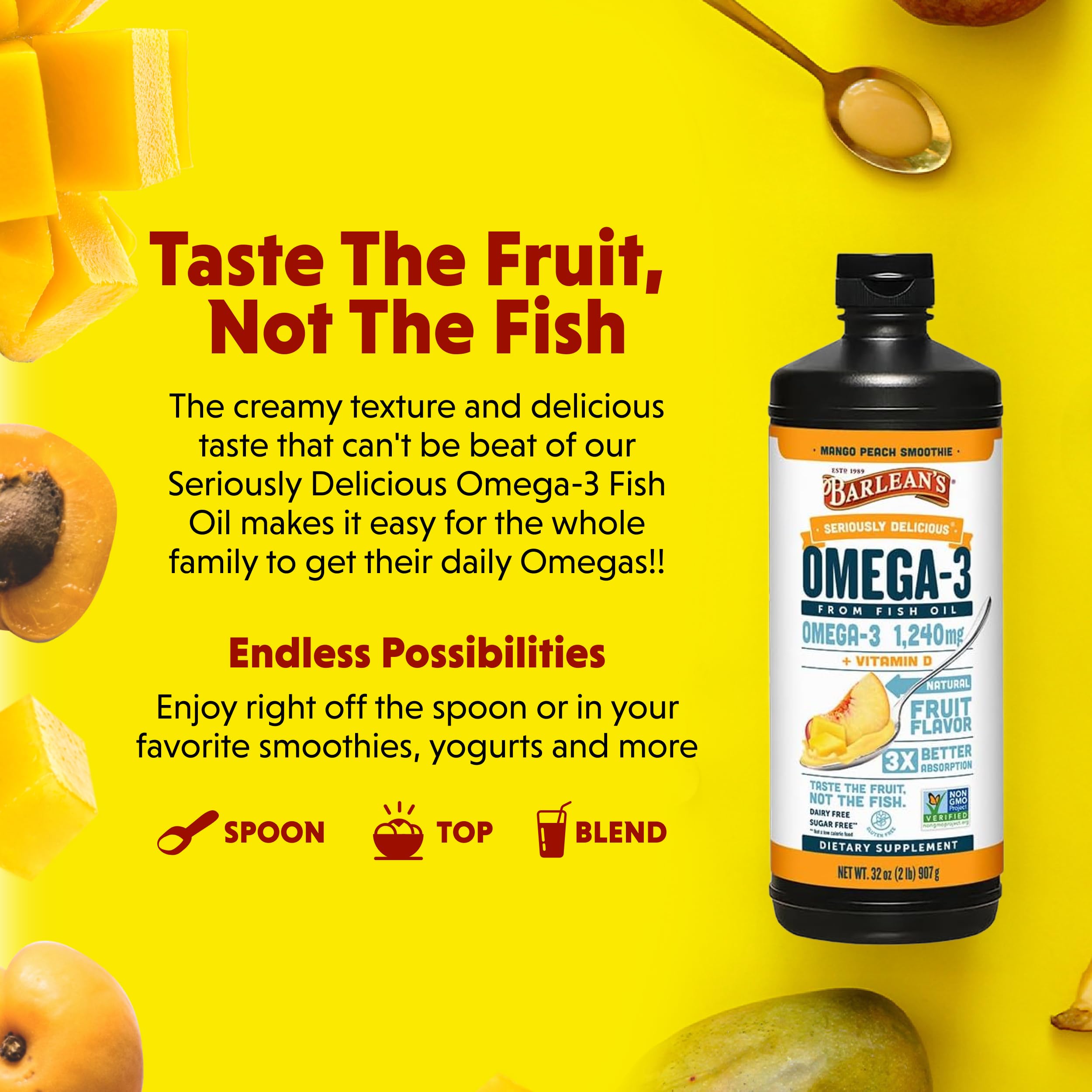 Cucharada diaria de Barlean's Omega-3, fácil de incorporar en yogur o batidos.