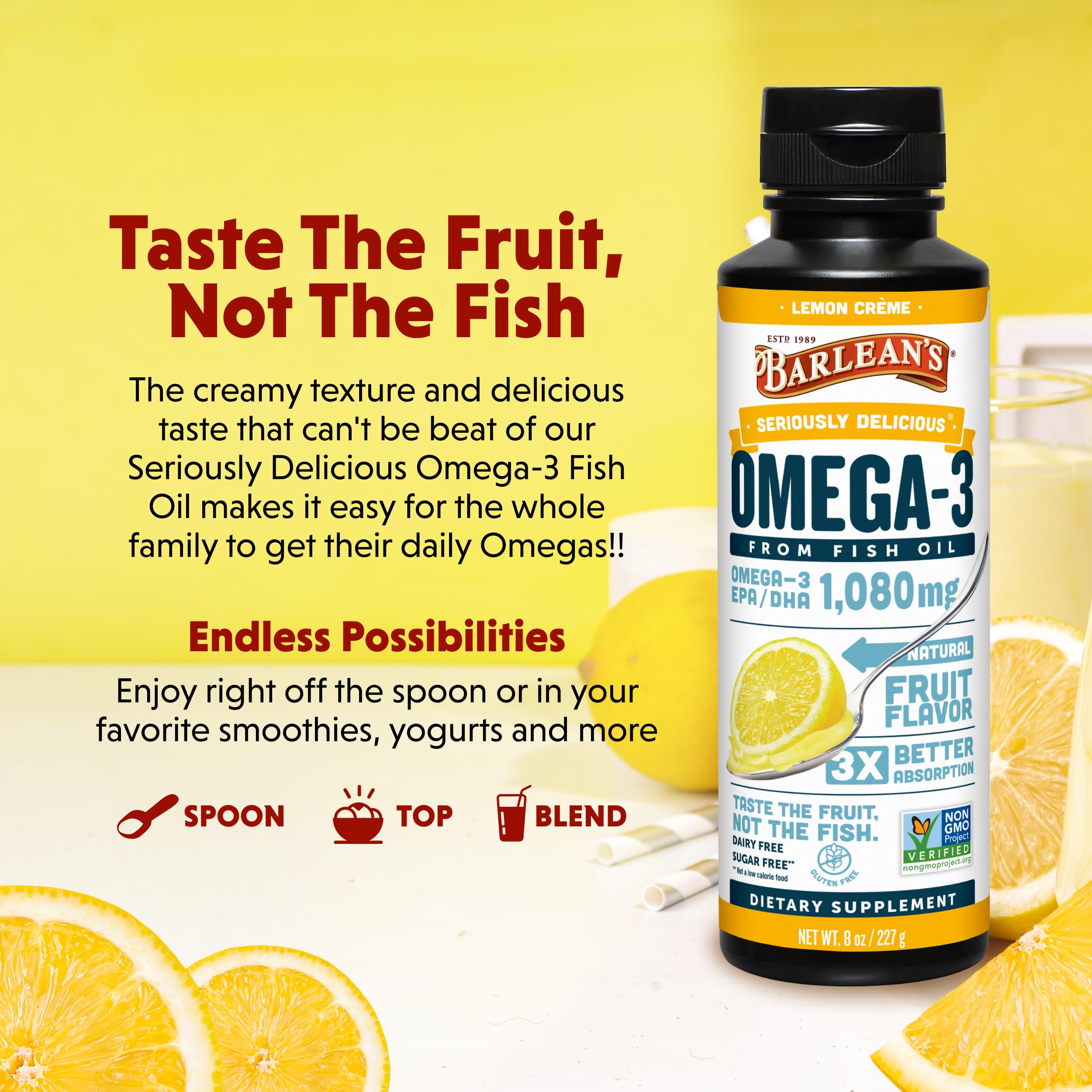 Barlean's Omega 3 caja de empaque, información nutricional clara.