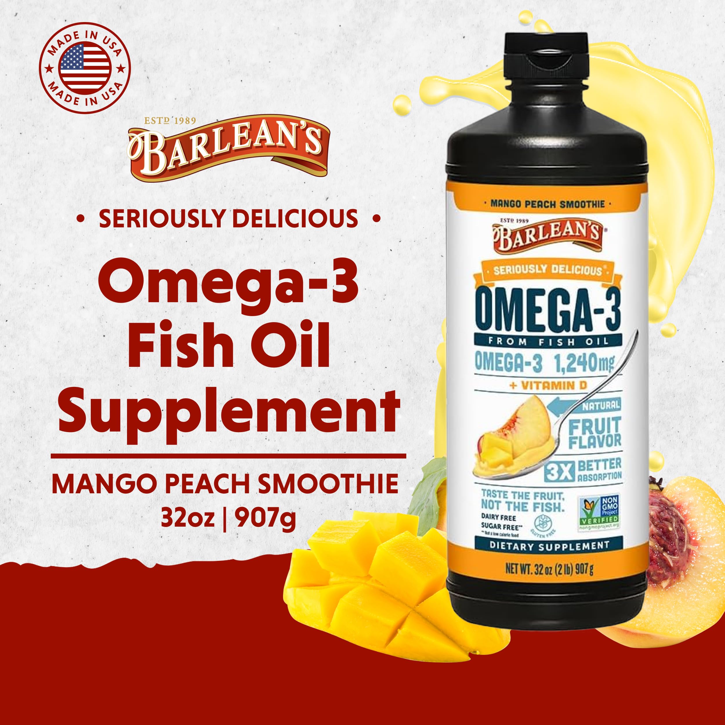 Frasco de Barlean's Omega-3 de 32 oz, práctico para uso diario.