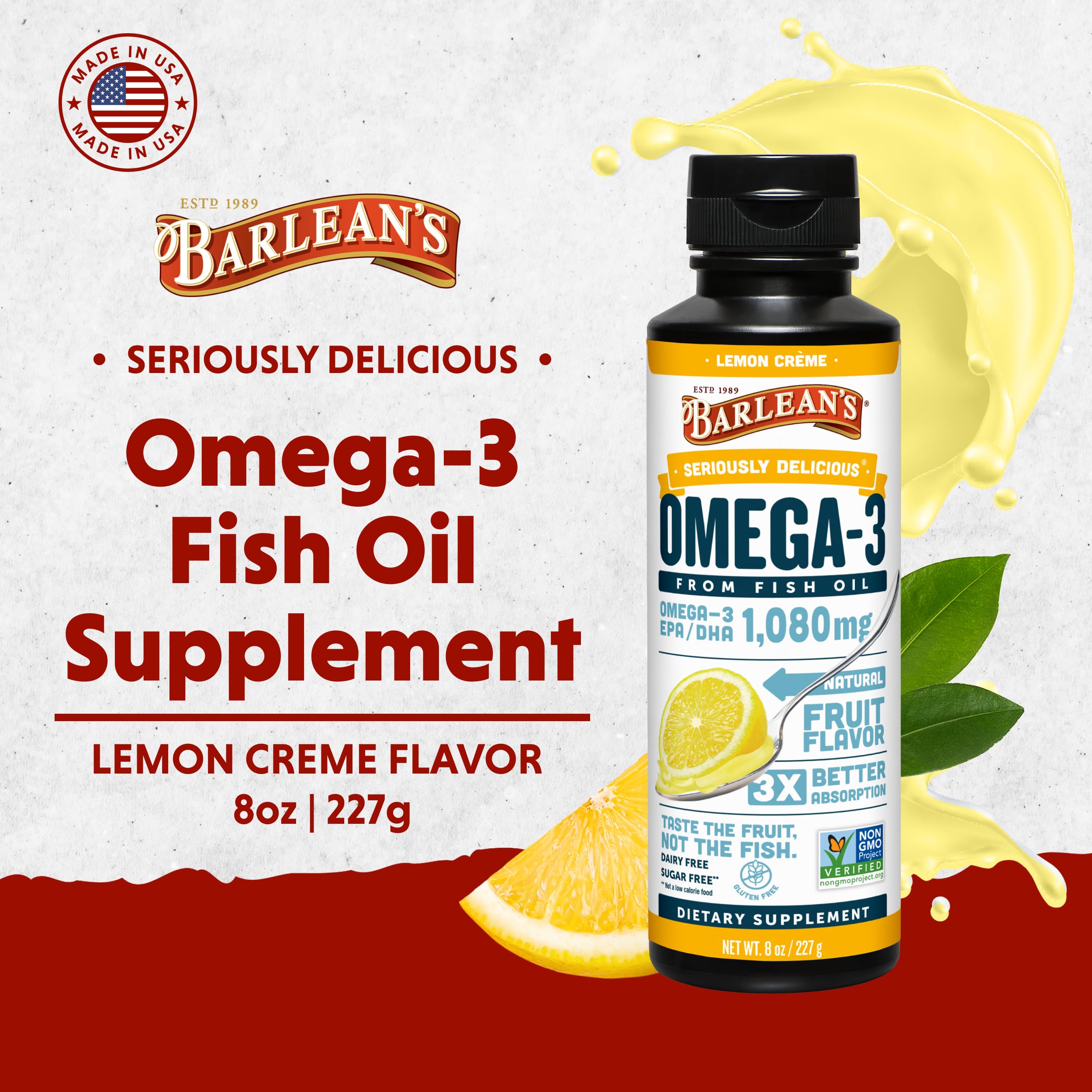 Barlean's Omega 3 etiqueta no transgénico, destaca ingredientes naturales.