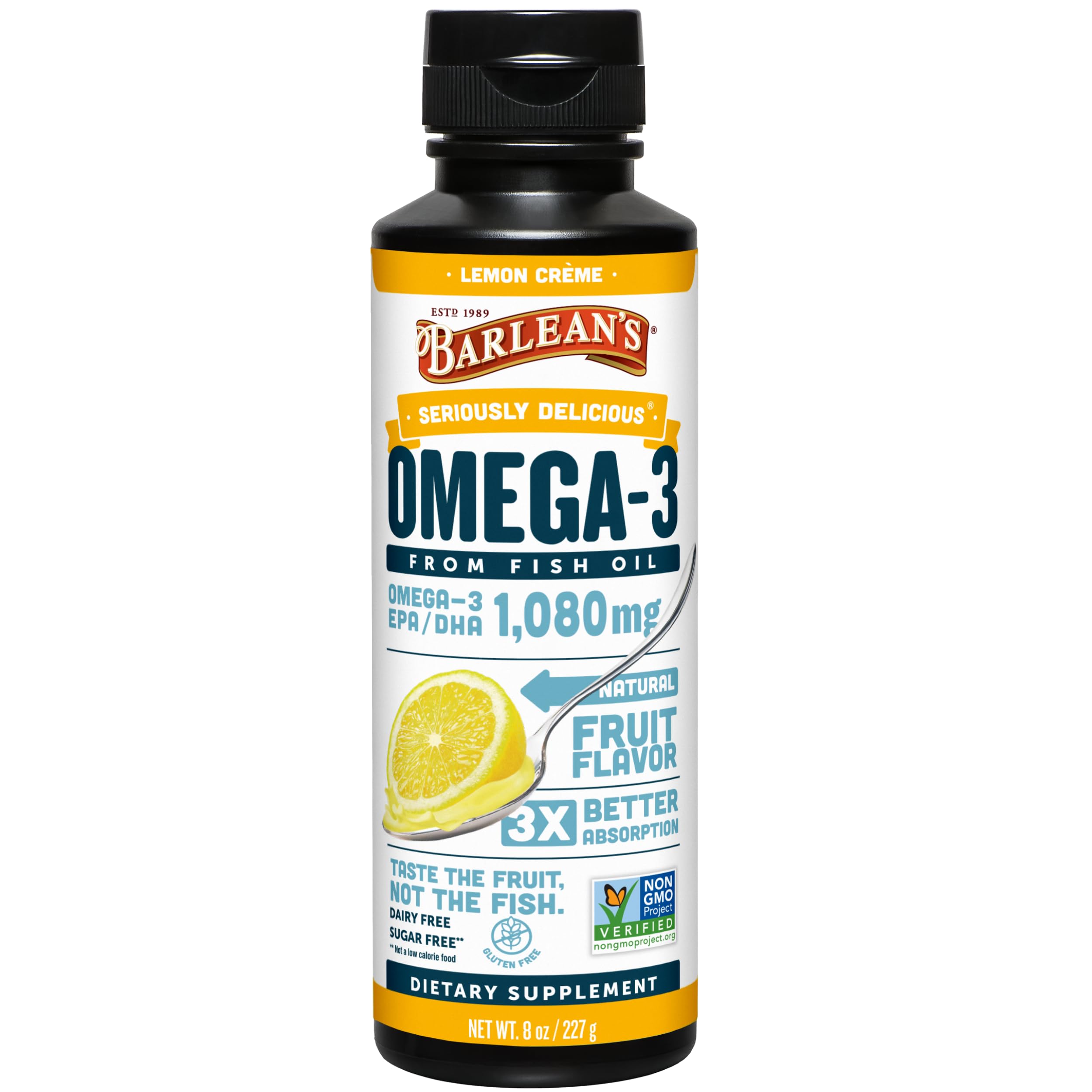 Barlean's Omega 3 botella 8oz frente, sabor limón crema agradable para la familia.